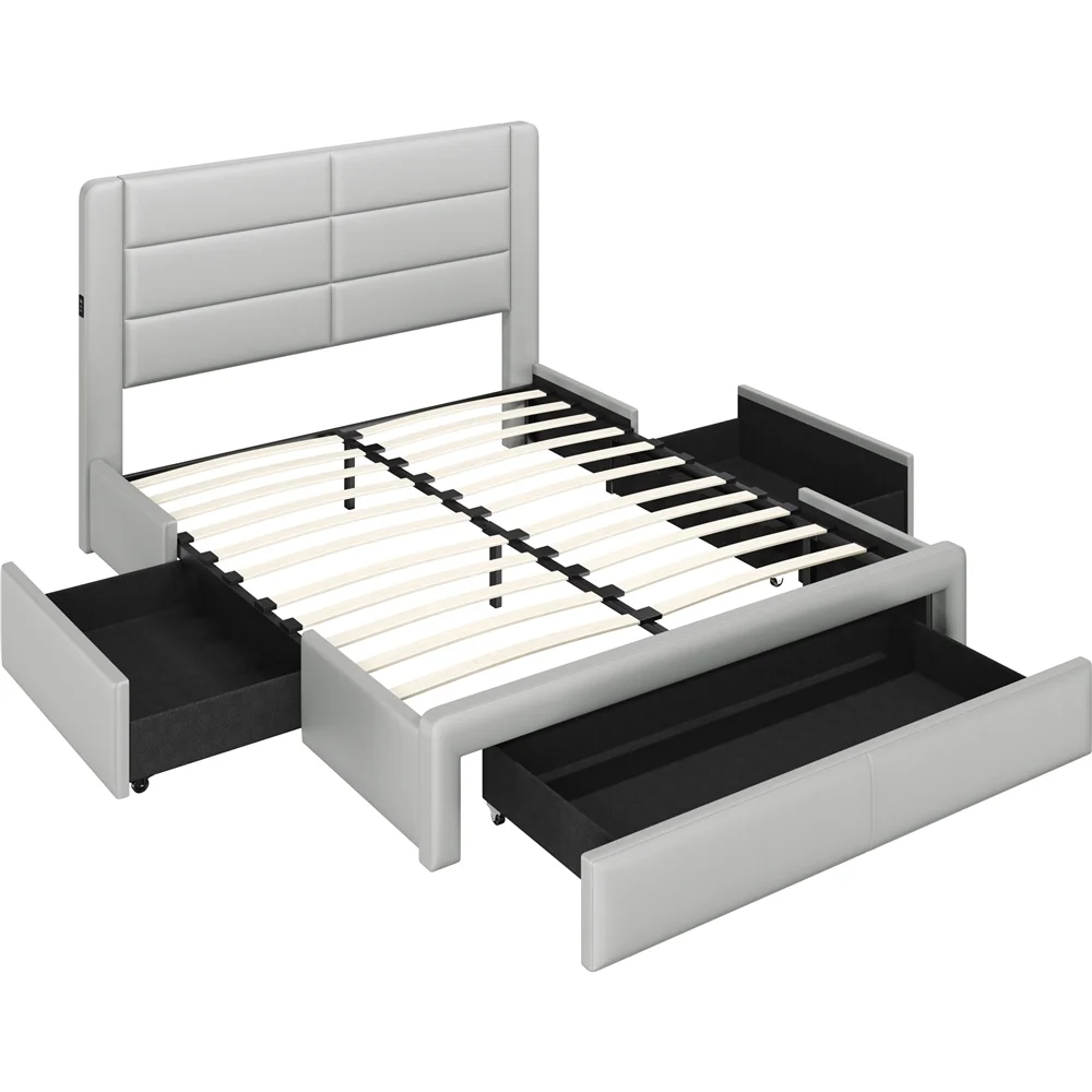 Yaheetech Upholstered Bed with 3 Storage Drawers,Full,Light Gray