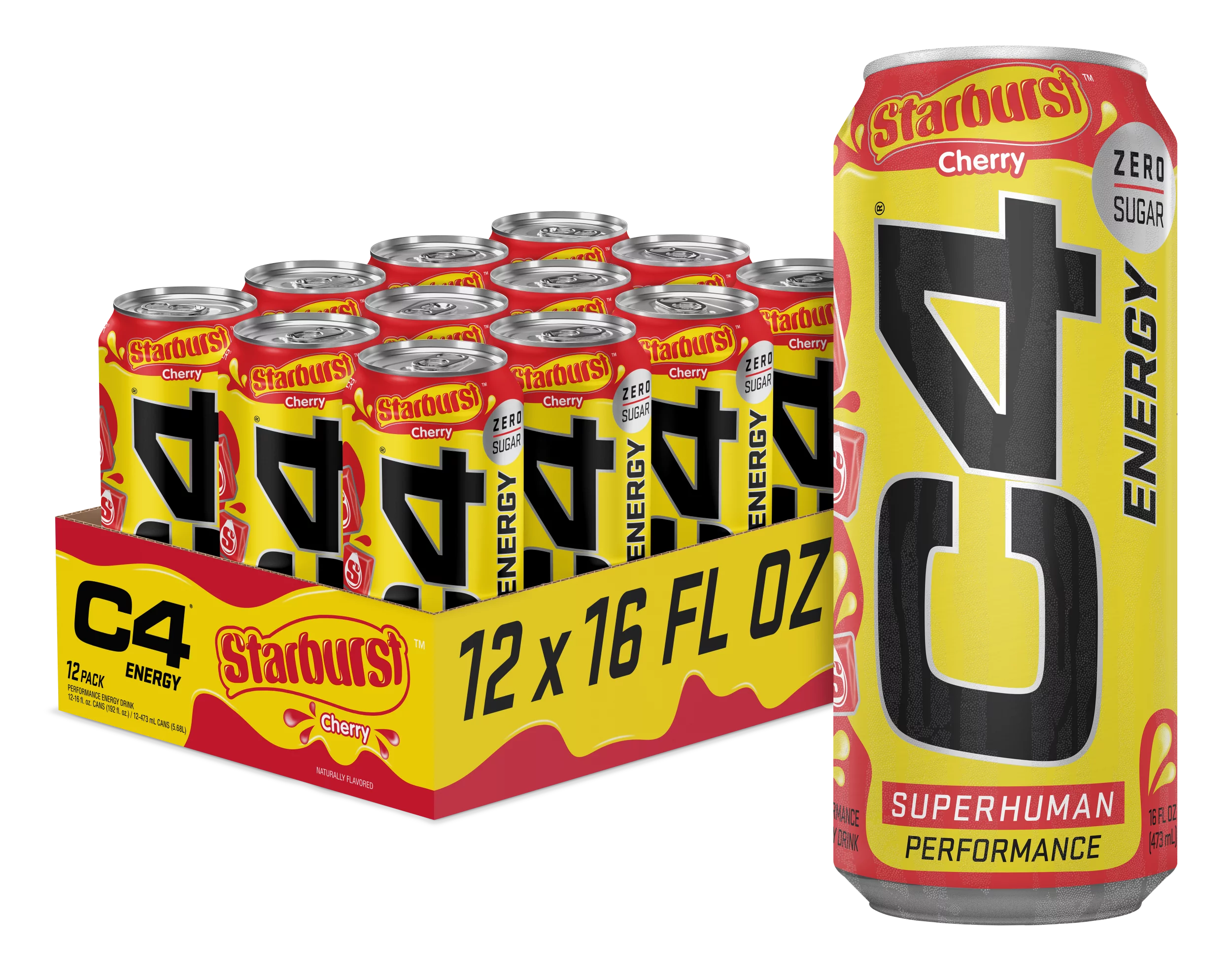 (2 pack) C4 Energy Drink, Starburst Cherry, Sugar Free, Carbonated Pre Workout Drink, 16 oz, 12 pack