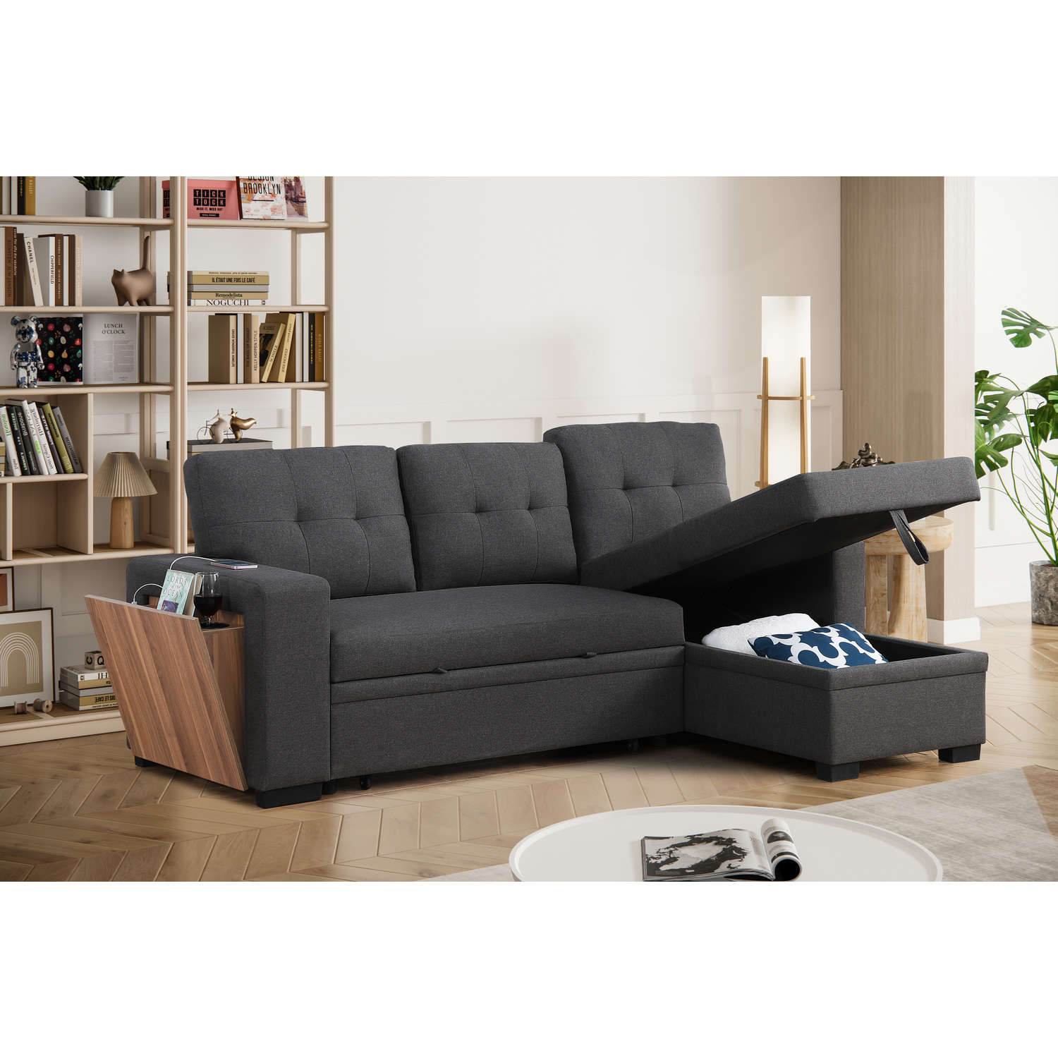 HomeStock Fabric Reversible Modern Side Compartment Sleeper Sectional Sofa Bed-Dark Gray