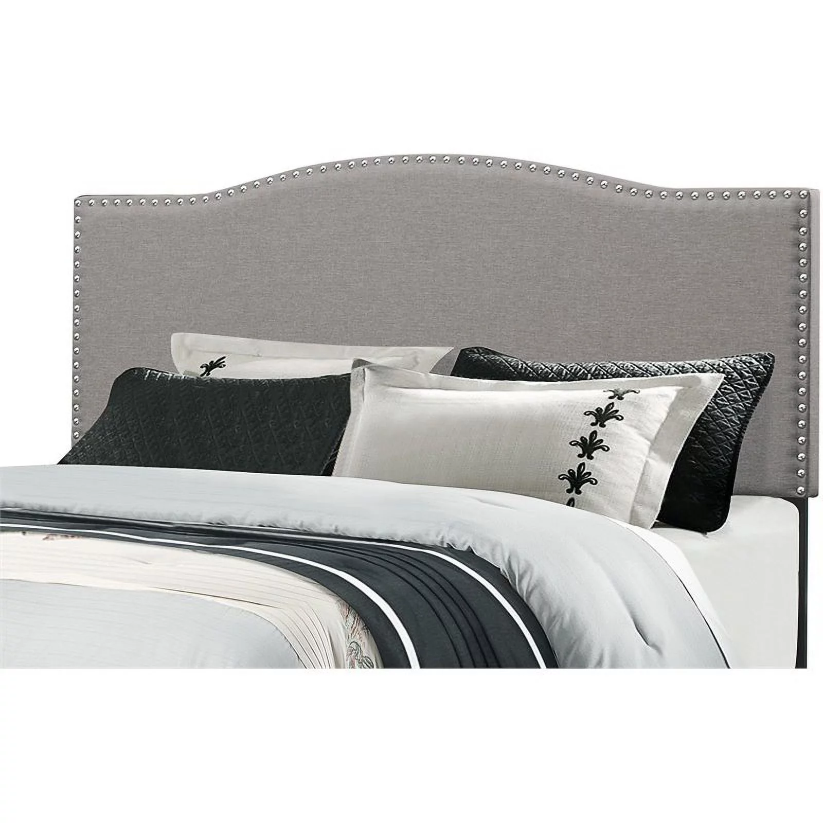 Bowery Hill Full or Queen Upholstered Nail Trim Headboard in Light Gray