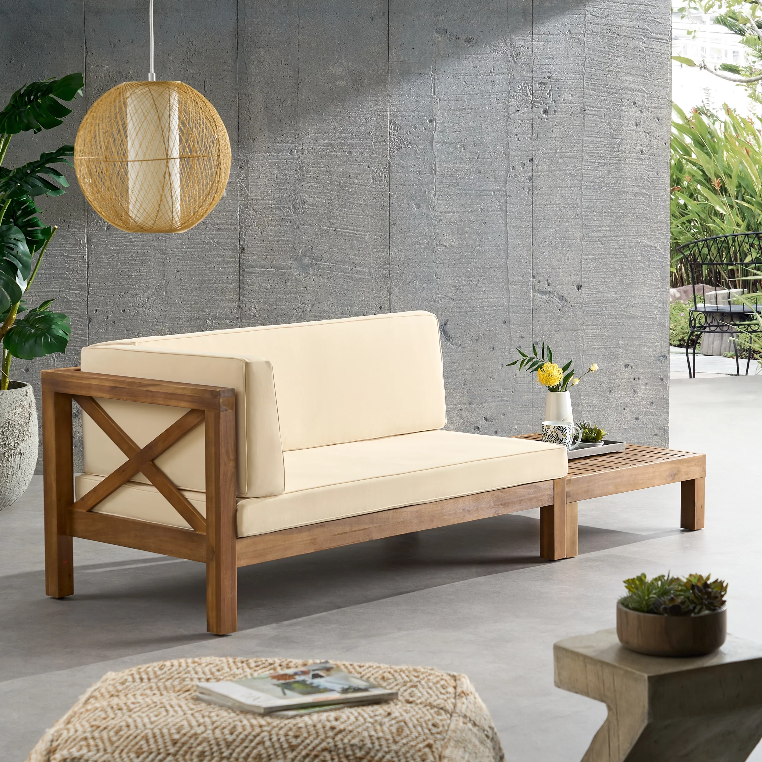 Elisha Acacia Wood Outdoor Left Arm Loveseat and Coffee Table Set with Cushion, Teak and Beige