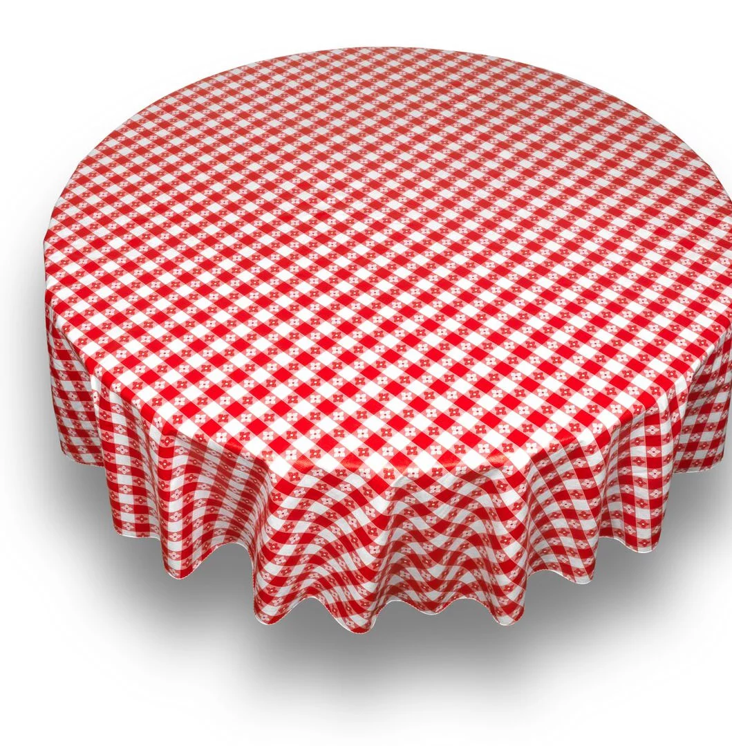 Royal Bath 70 Round Vinyl Tablecloth With Flannelbacking, Pattern Name: Picnic Check, Red & White