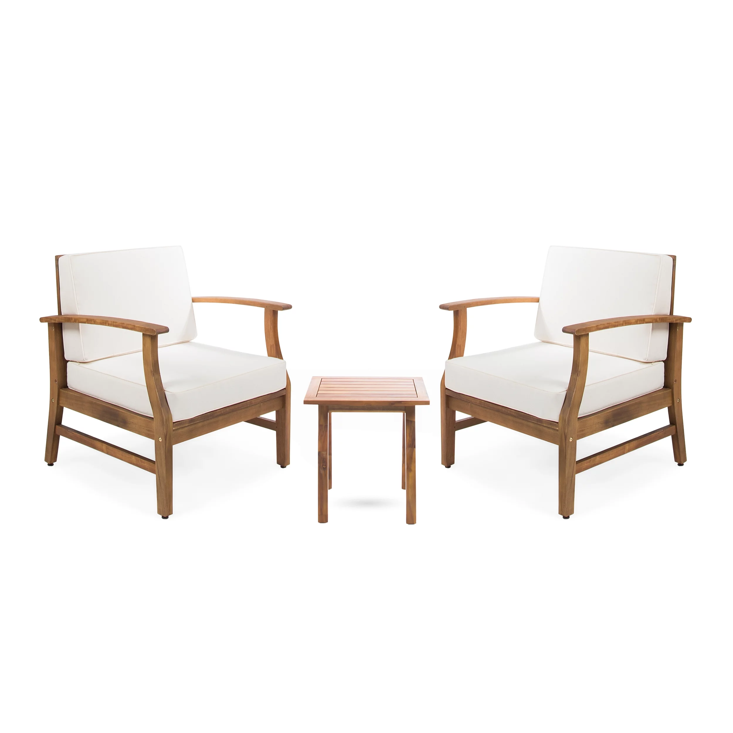 GDF Studio Pearl Outdoor 2 Seater Acacia Wood Chat Set with Cushions, Teak and Cream