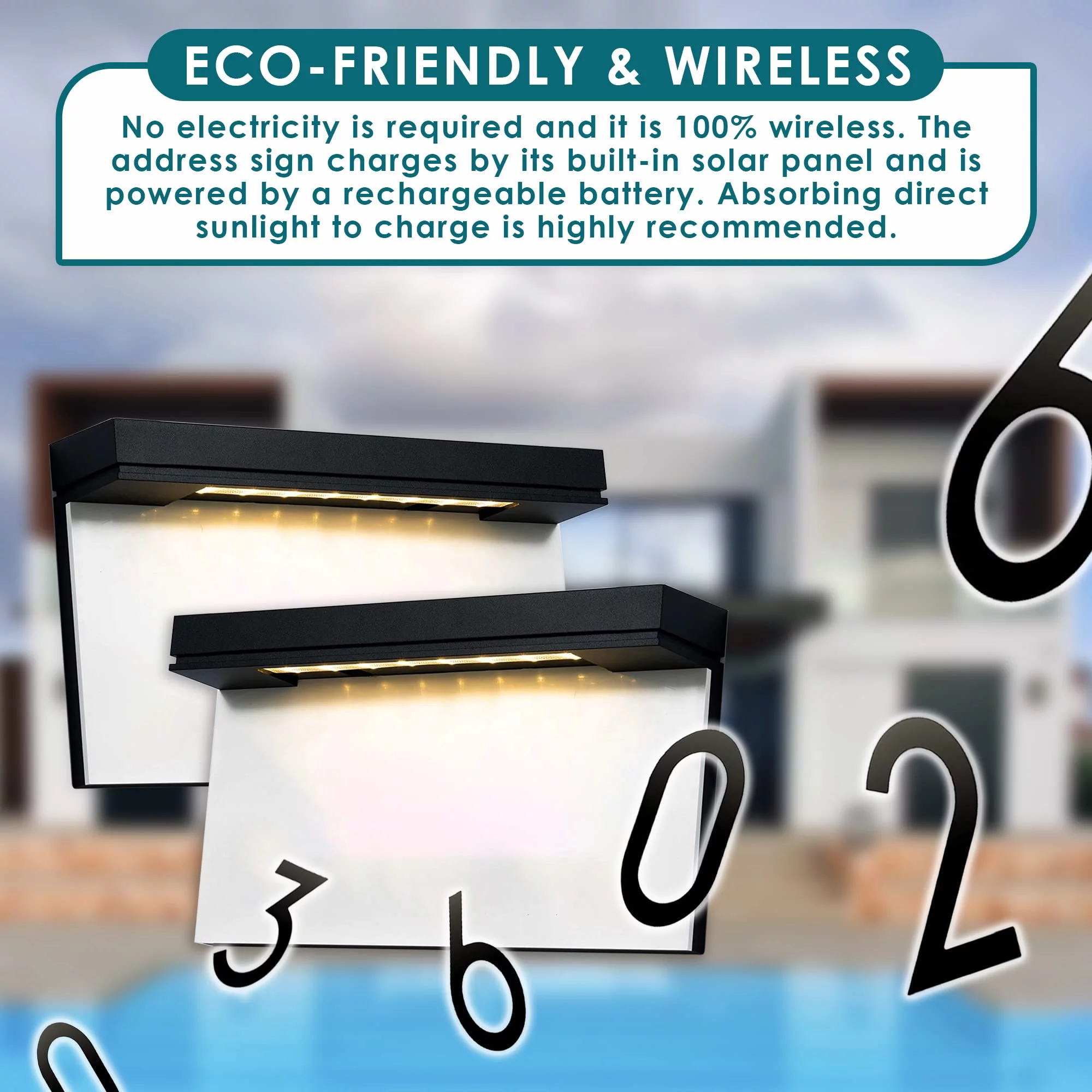 Fymlhomi House Numbers Solar Powered Address Plaques Sign Frame For Outside LED Illuminated Waterproof Wireless Plate For Outdoor Lighting Black and White