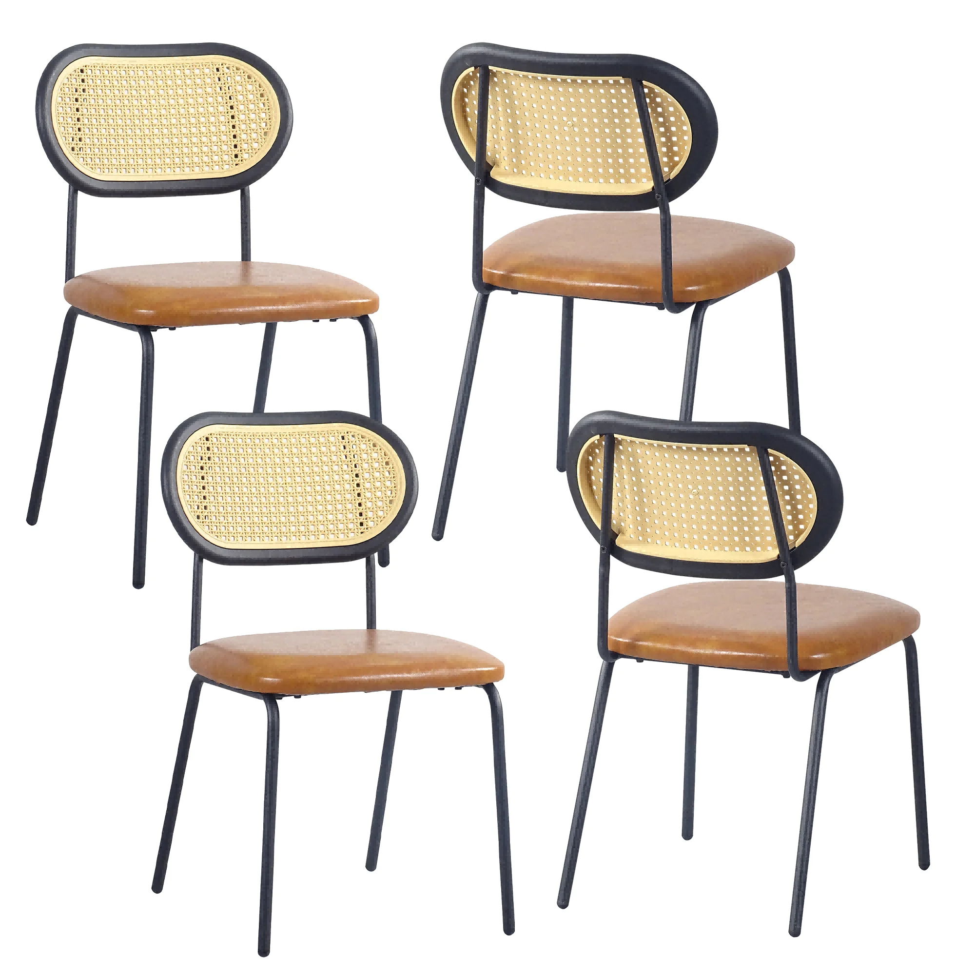 Upholstered Dining Chair with Black Metal Legs and Back, PU& Rattan Industrial Side Chair, Dining Room Furniture Chair, Accent Desk Chair for Kitchen Living Room Wine Bar(Brown,Set of 4)