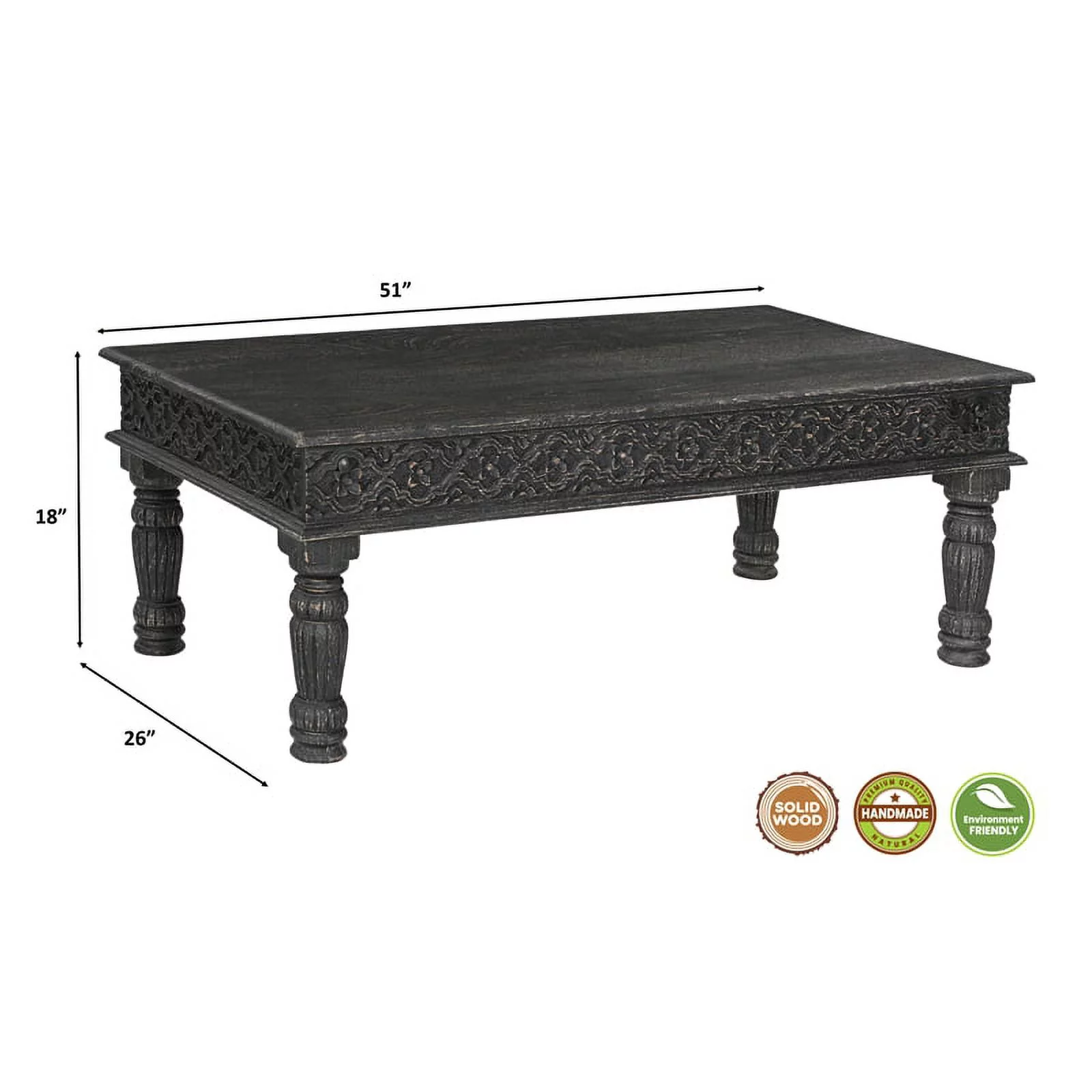 Taran Designs Milton Carved Solid Wood Coffee Table in Black