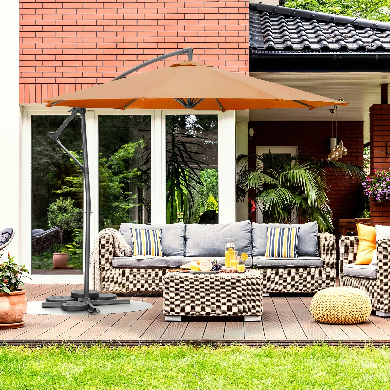 Ainfox 10FT Patio Cantilever Umbrella with Cross Base 360 Degree Rotation Outdoor Umbrella Orange