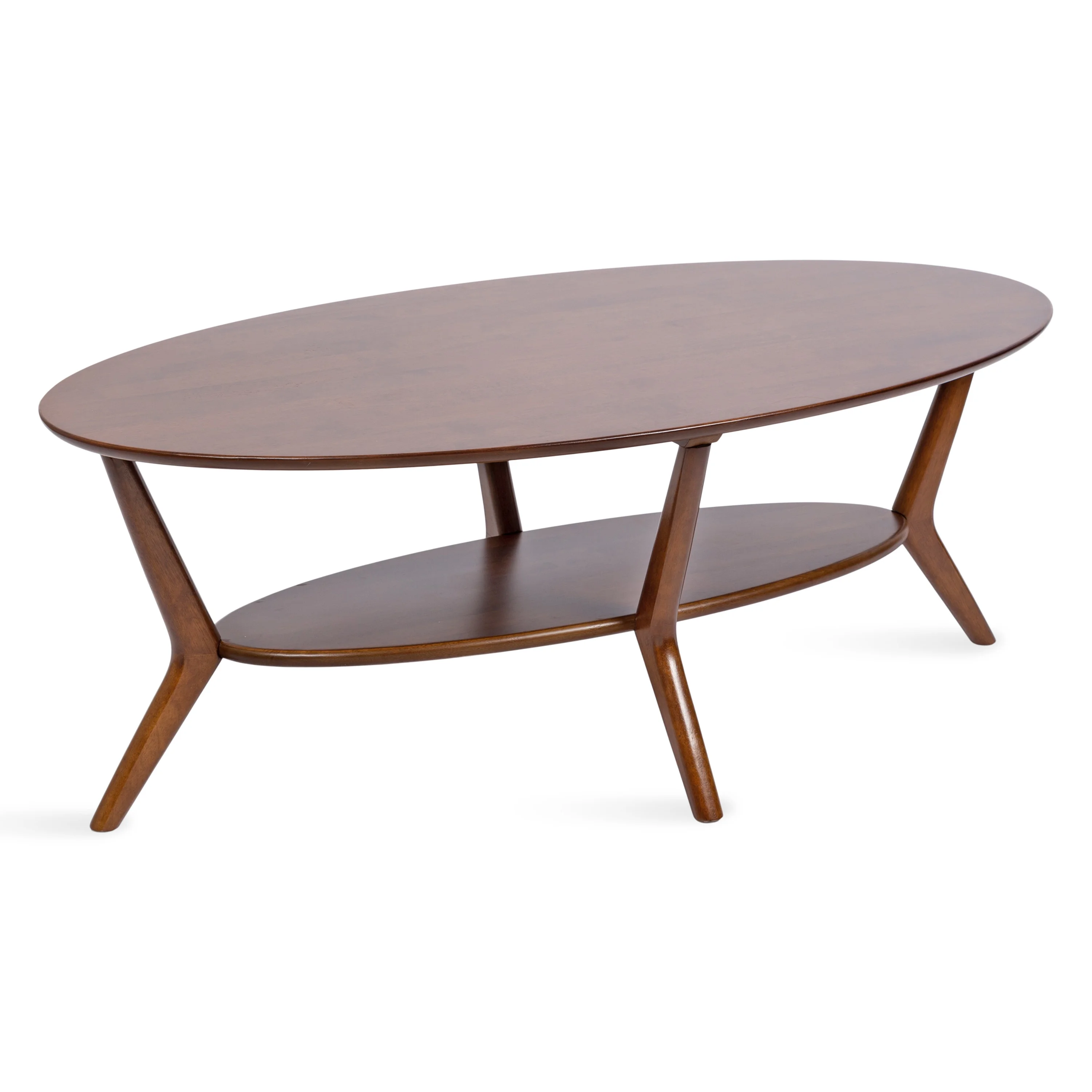 Kate and Laurel Nylah Oval Wooden Coffee Table, 48 x 26 x 18, Walnut Brown, Mid-Century Tiered Living Room Table with Solid Wood Construction and Sculptured Dowel Legs