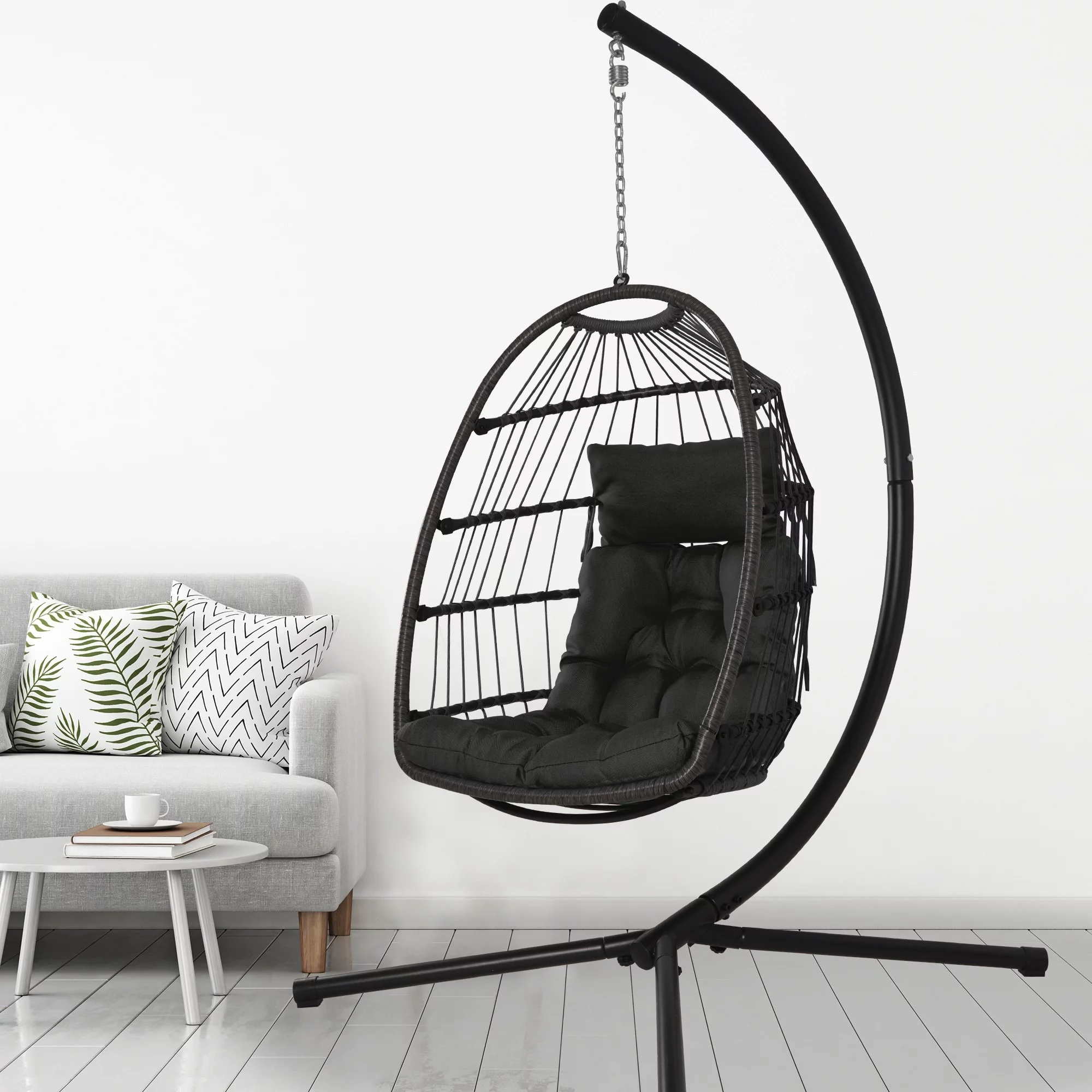 JUSTLET Outdoor Patio Wicker Hanging Egg Chair Swing w/ Stand and Cushion for Indoor Outdoor, Black