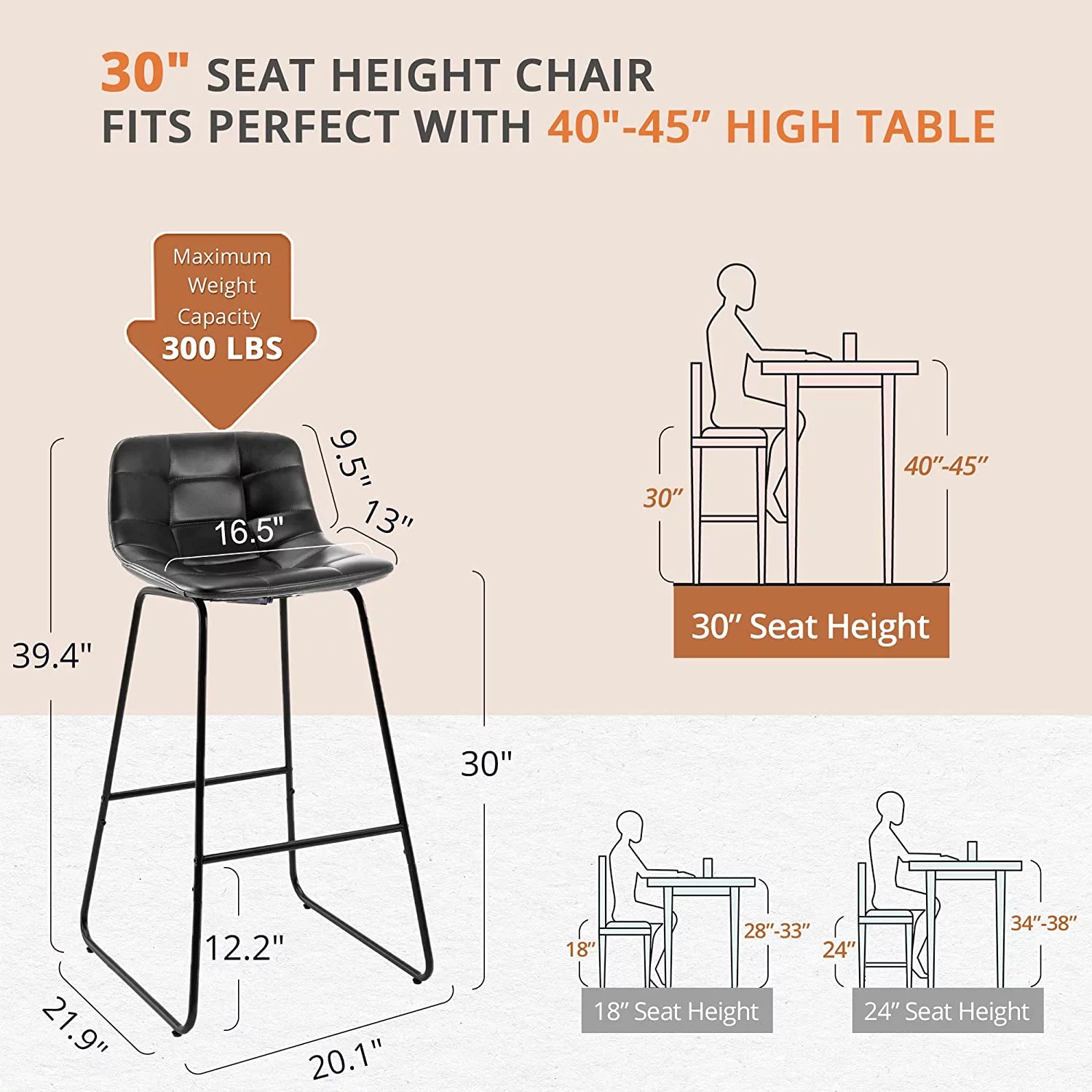 LUE BONA Upholstered Checkered Pattern Bar Stools Set of 6, Faux Leather 30 Inch Bar Height Chairs Kithchen Island, Black