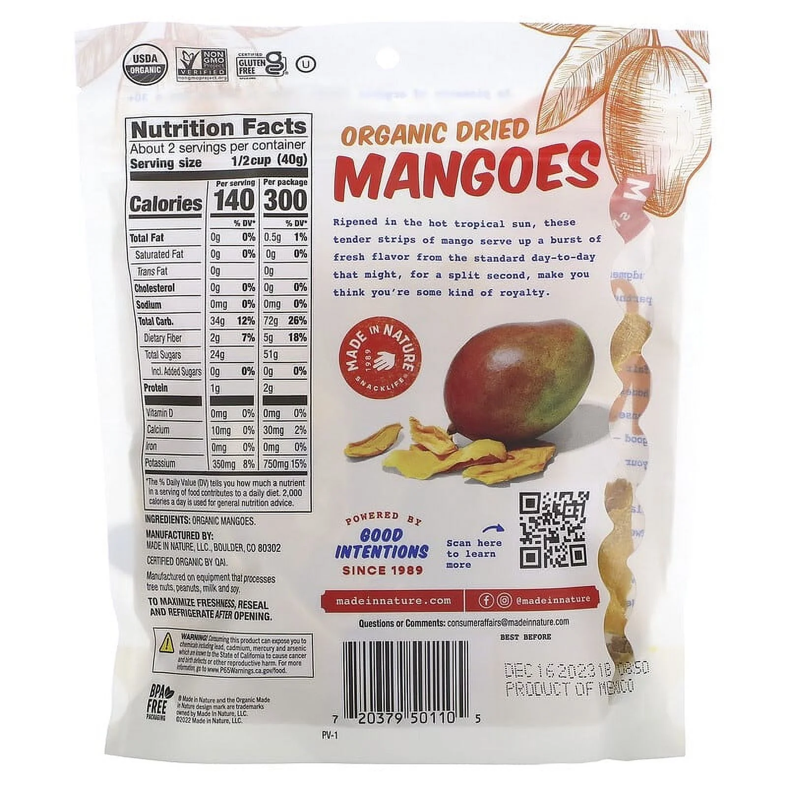 Made In Nature Organic Sweet & Tangy Dried Fruit Mangoes 3 oz Pack of 2
