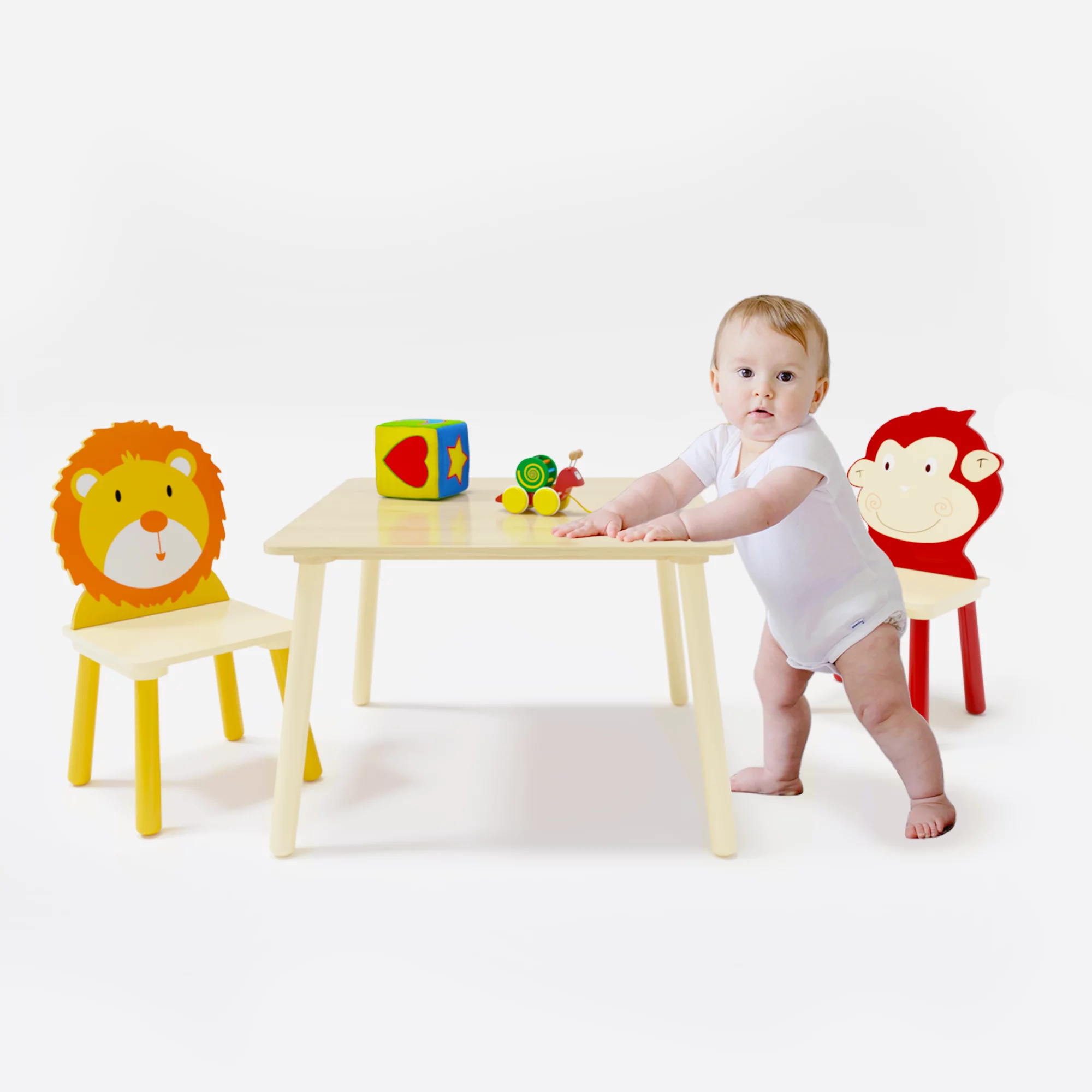 Kids Table and 2 Chairs Set - 3-Piece Toddler Wooden Activity Play Table Set(Lion & Monkey)