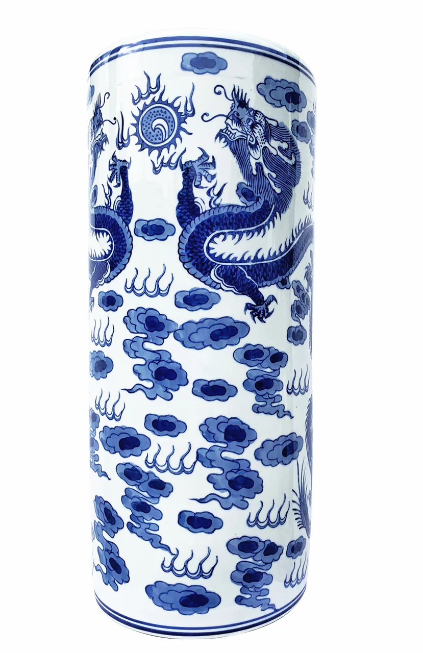 Oriental Porcelain Umbrella Stand with Blue and White Dragon - Oriental Furniture Warehouse