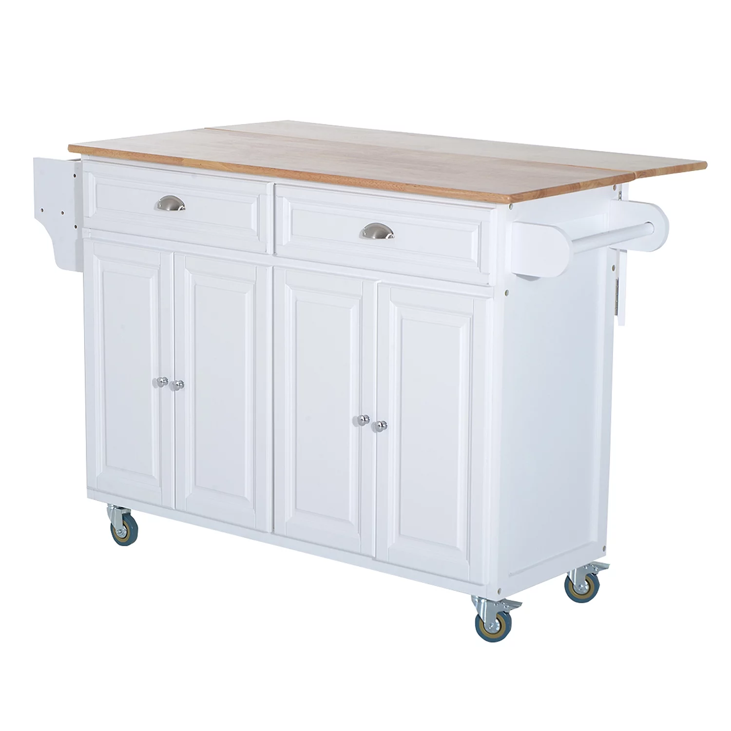 HOMCOM Rolling Kitchen Island on Wheels Ultility Cart with Drop-Leaf and Rubber Wood Countertop, Storage Drawer, Door Cabinet, White