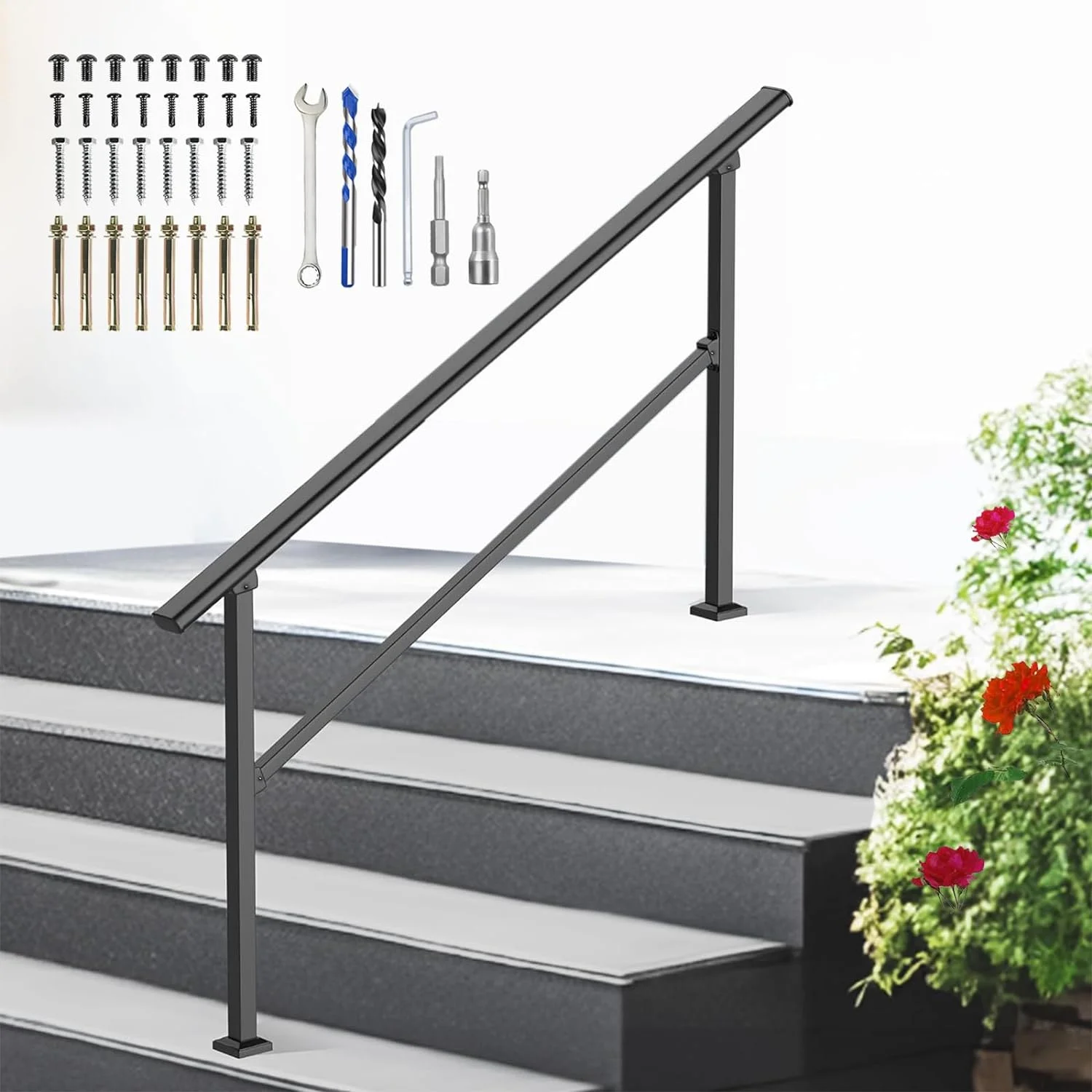 Outdoor Stair Railing,Exterior Handrails for Outdoor Steps - Fits 4 to 5 Steps,Easy DIY Installation Kit Included, Black Wrought Iron Hand Rails for Outdoor Steps