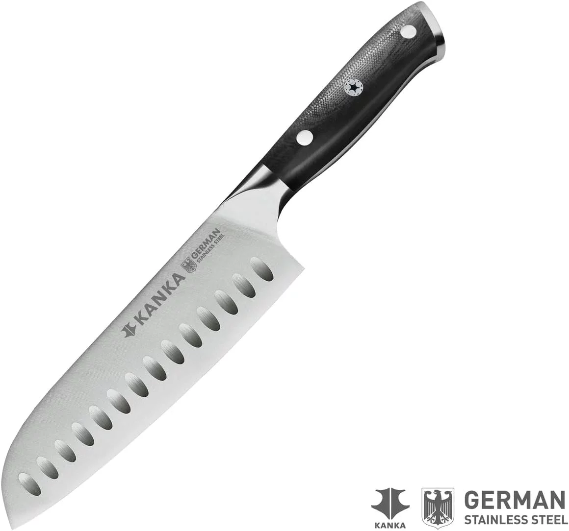 KANKA Santoku Knife - Ultra Sharp 7 inch German Stainless Steel, G10 Black Fiberglass Handle, Japanese Chefs Knife