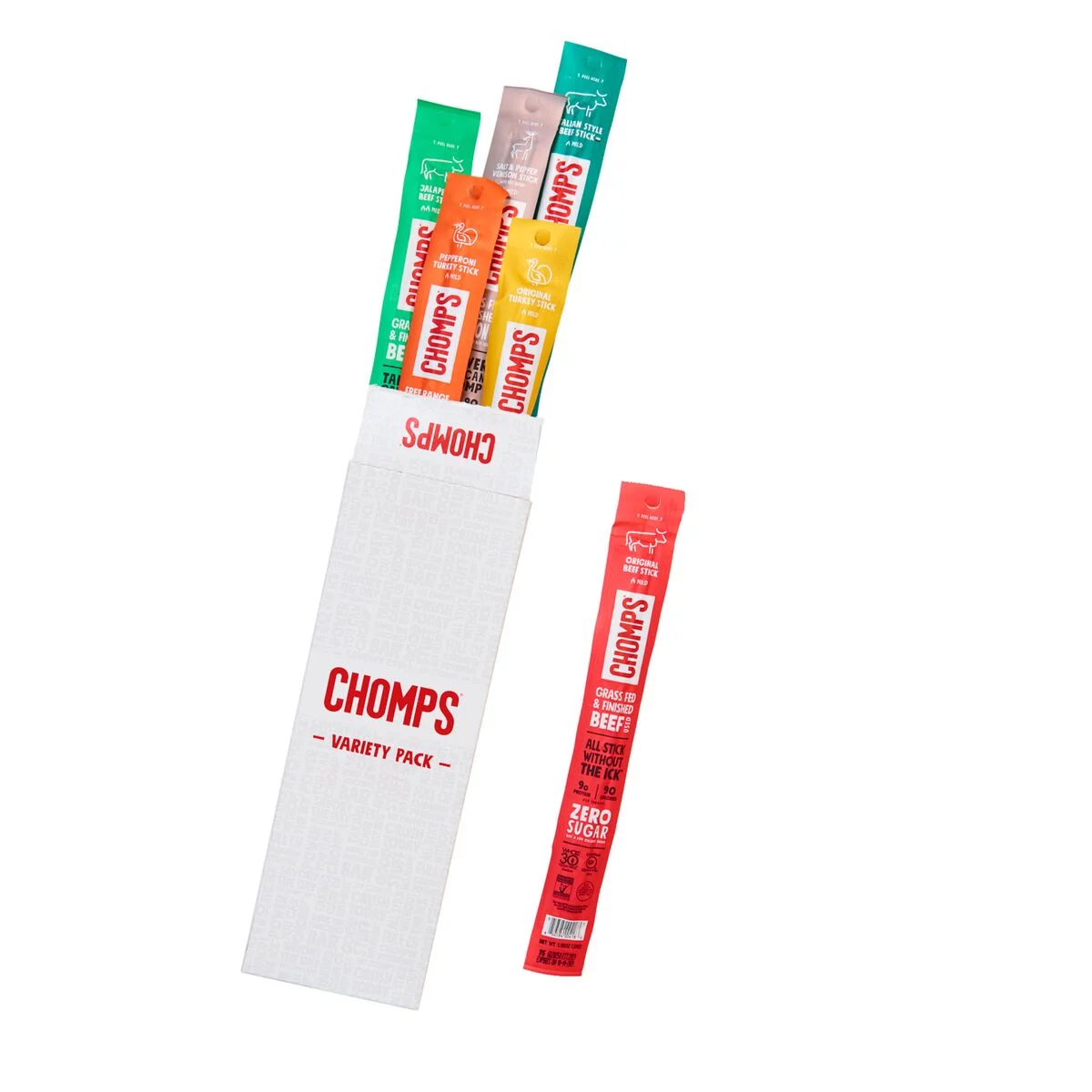 Chomps Variety Trial Pack, Keto, Paleo, Whole30, Gluten-Free, Grass Fed and Free Range Beef & Turkey Sticks, 6 Flavor Pack