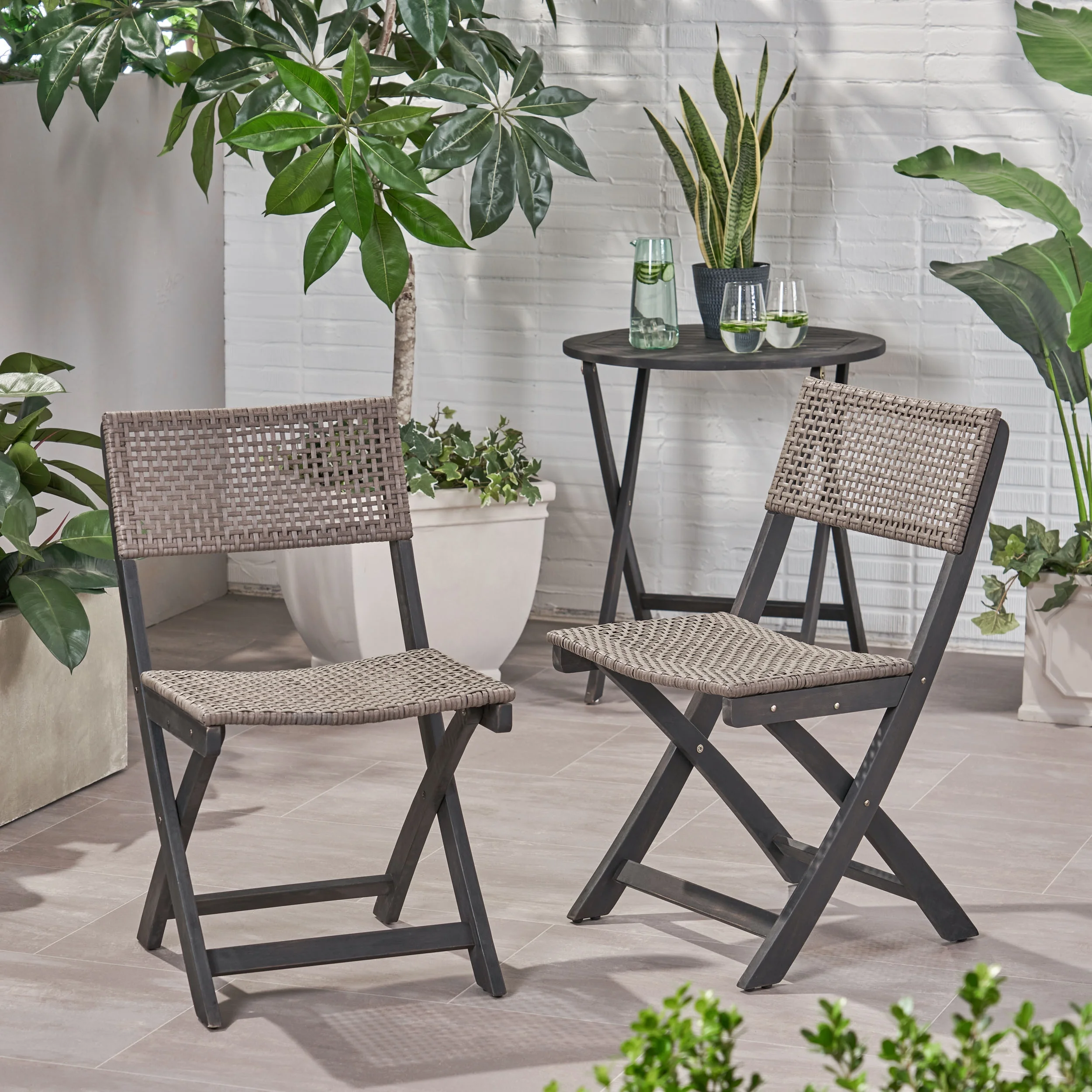 MIDODO 2 Piece Outdoor Folding Patio Set, Acacia Wood Patio Chairs with  Woven Seating Bistro Chairs for Indoors and Outdoors, Backyard, Pool