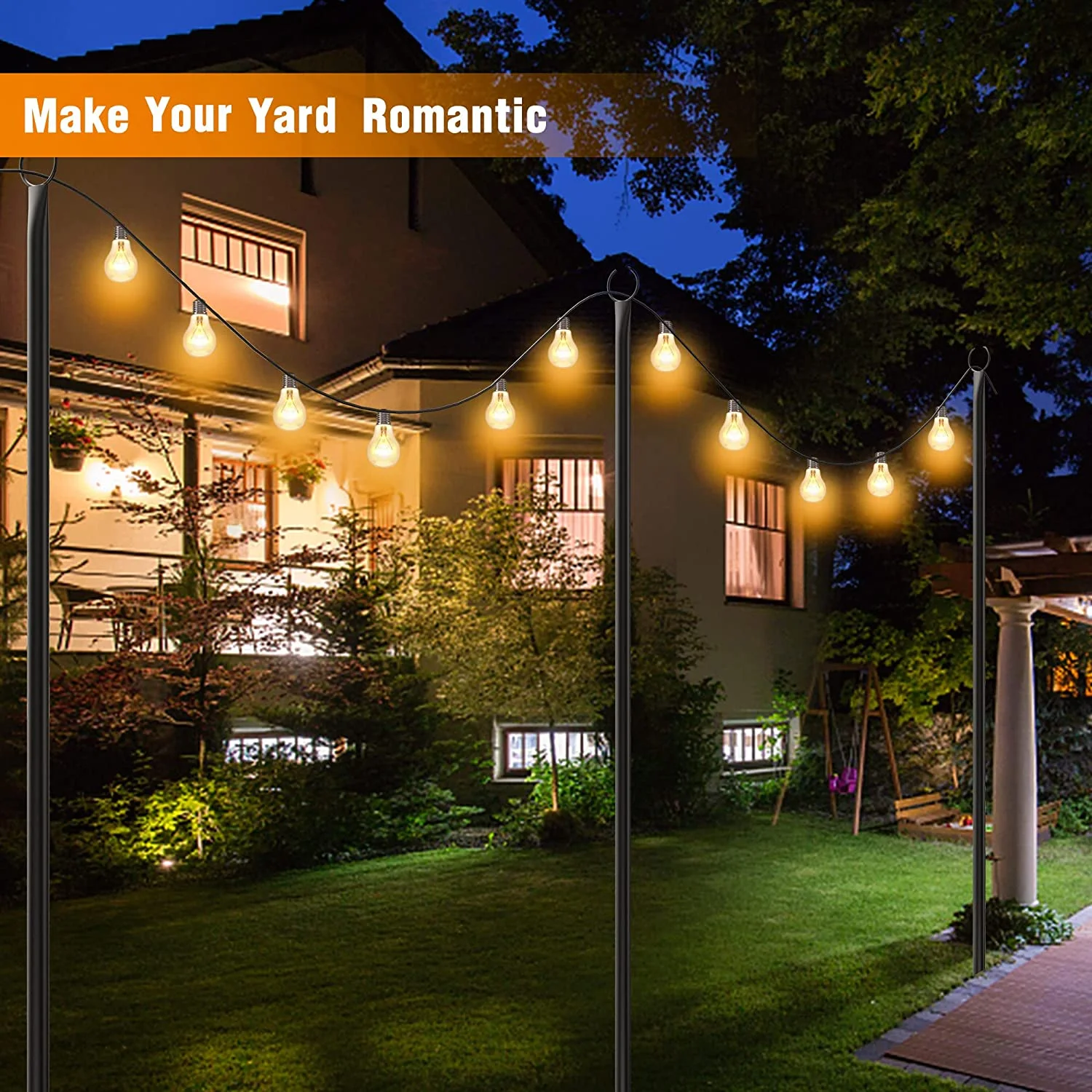 MINGFENG String Light Poles for Outside, 8.9ft Light Poles for Outdoor String Lights, 4 Pack Patio Poles with 5-Prong & Hooks for Garden, Backyard & Party, Wedding, Holidays