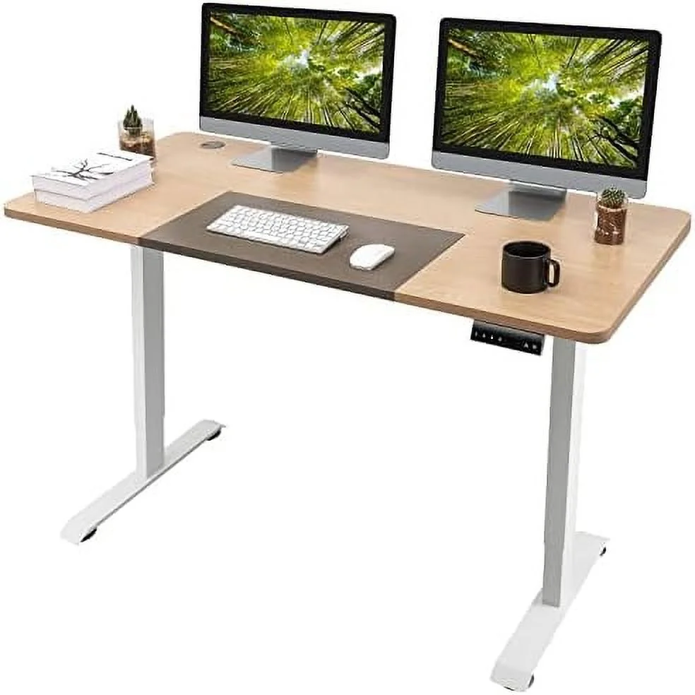 CGFHYP Electric Height Adjustable Standing Desk 55 x 28 Inches Computer Desk Stand Up Home Office Workstation Desk T-Shaped Metal Bracket Desk with Wood Tabletop and Memory Settings （Nu