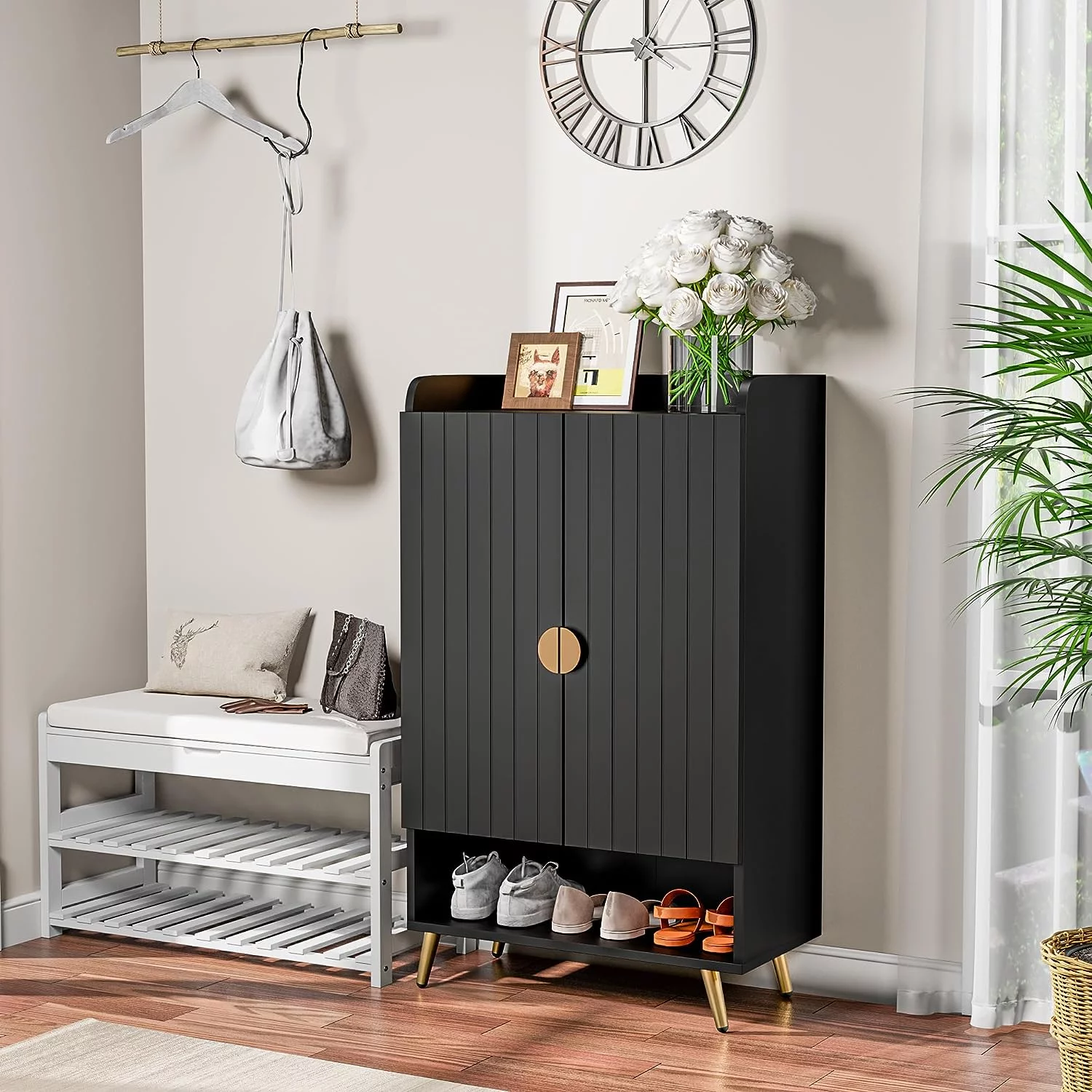 Cozy Castle Shoe Cabinet for Entryway, Freestanding Shoe Storage Cabinet with Doors and Adjustable Shelves, Modern Wooden Shoe Organizer Cabinet, Black