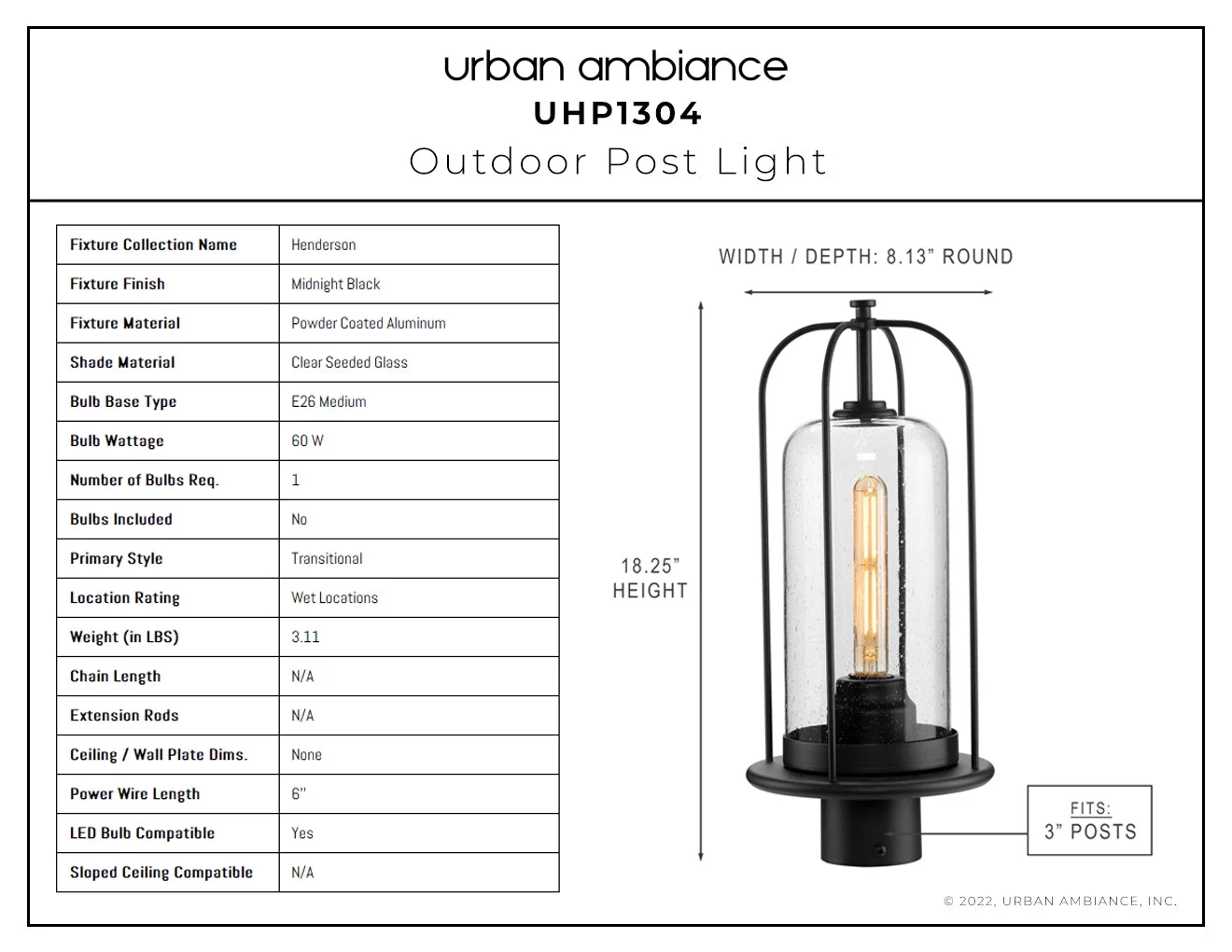 Luxury Farmhouse Post Light, 18.25H x 8.125W, with Industrial Luxe Style, Midnight Black, UHP1304 by Urban Ambiance