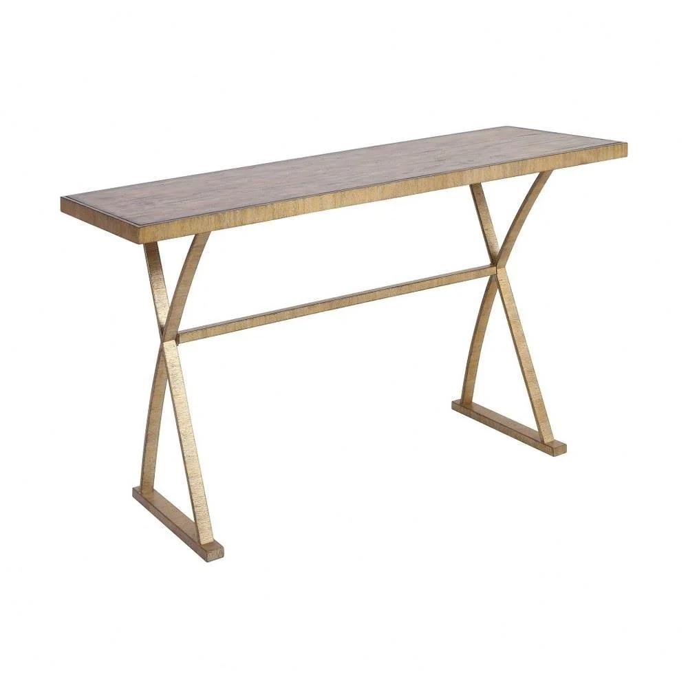 Modern Farmhouse Trestle-Style Console Table in Bright Aged Gold Finish with Solid Pine Cross Legs 62 inches W and 32 inches H Bailey Street Home