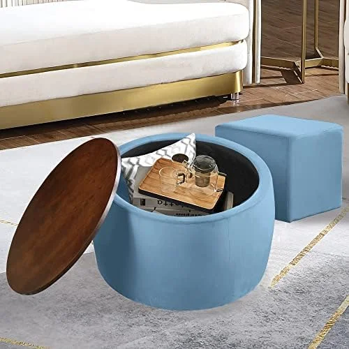 TJCGDTY 25" Round  Ottoman with Wooden Lid 2 in 1  Circle Ottoman Coffee Table End Table & Footstoolfor Living Room (White)