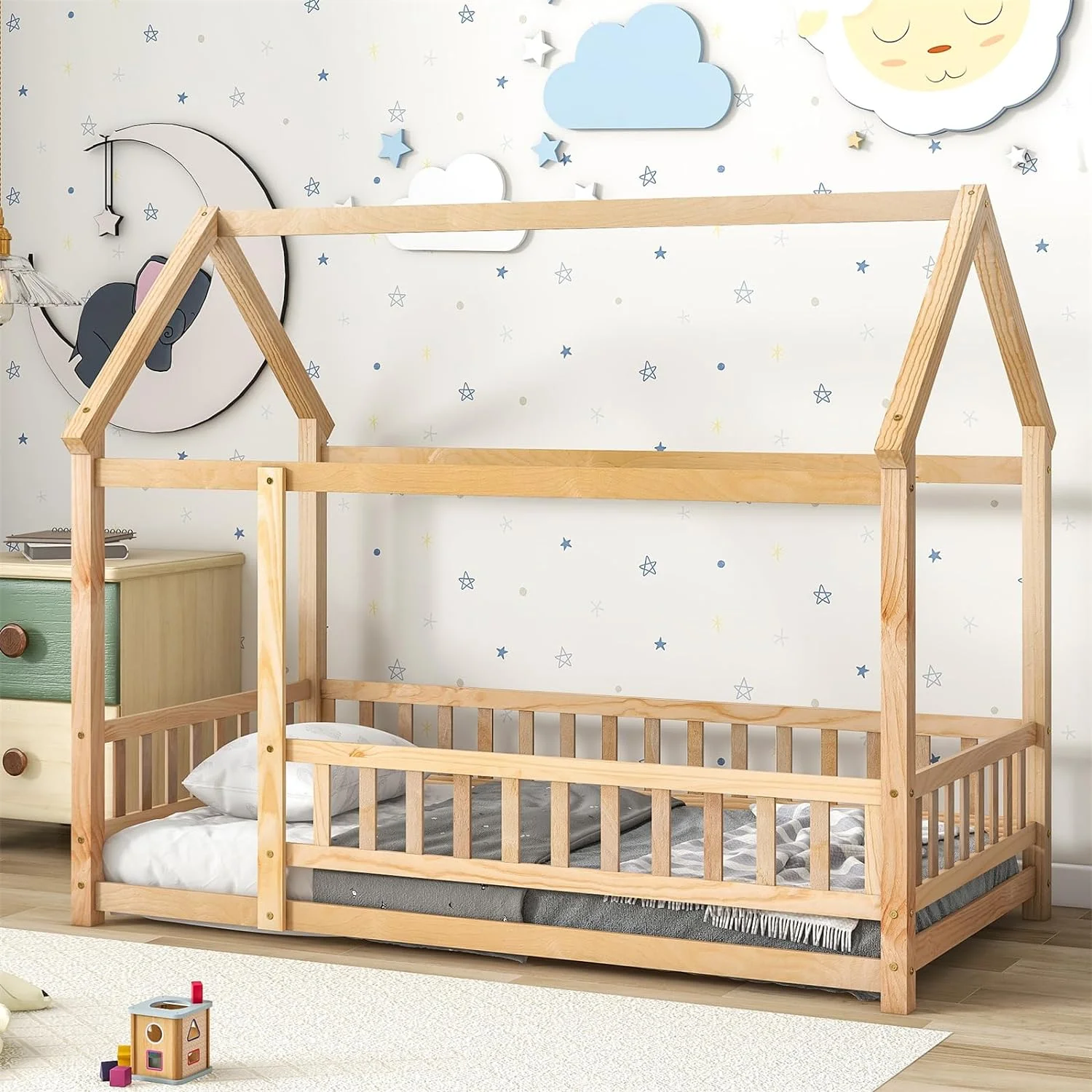 Twin Montessori Bed Frame, Wooden House Bed with Fence and Door, Floor Bed for Boys Girls Bedroom, Natural