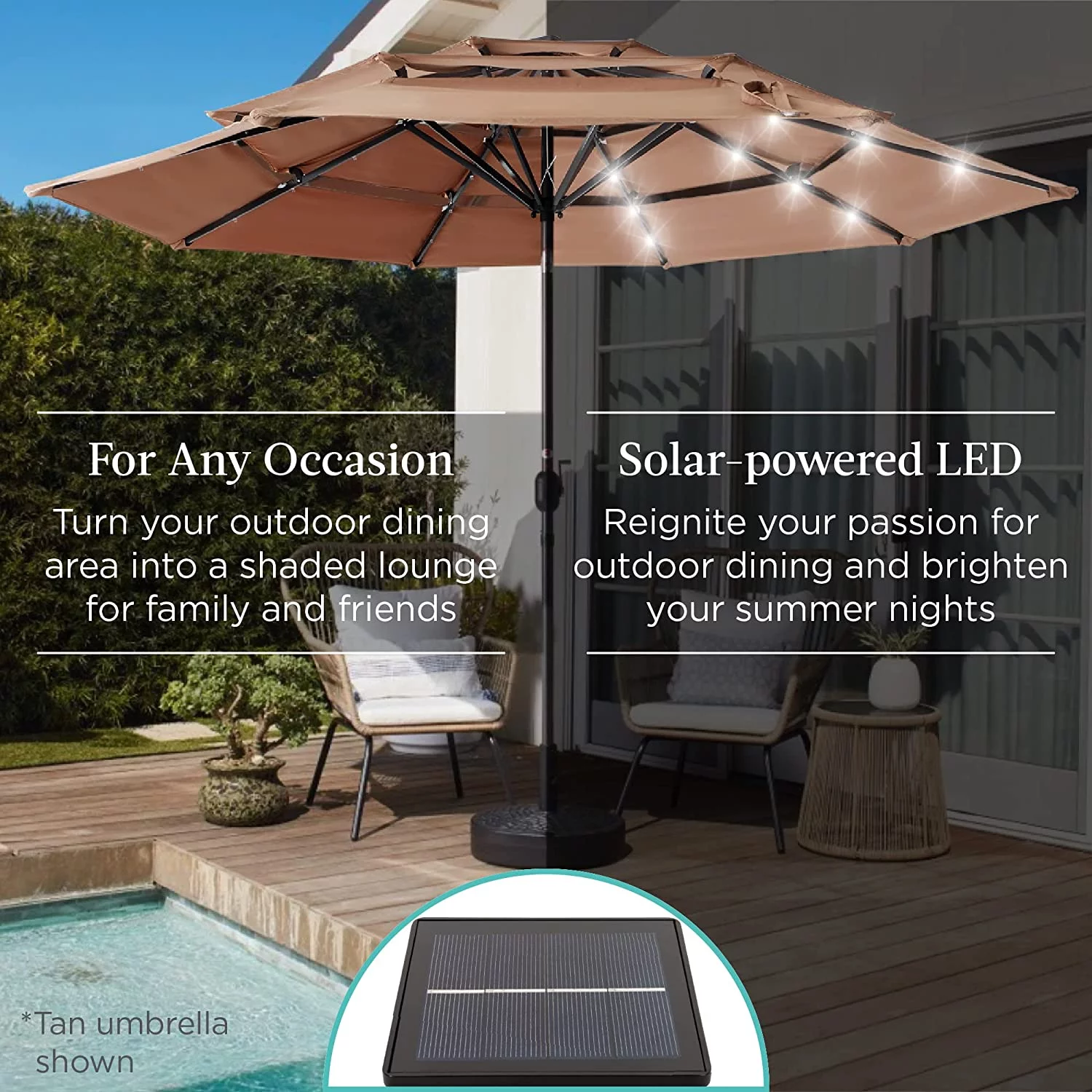 10ft 3-Tier Solar Patio Umbrella - LED Lights, Tilt Adjustment, 8 Ribs, Fog Gray