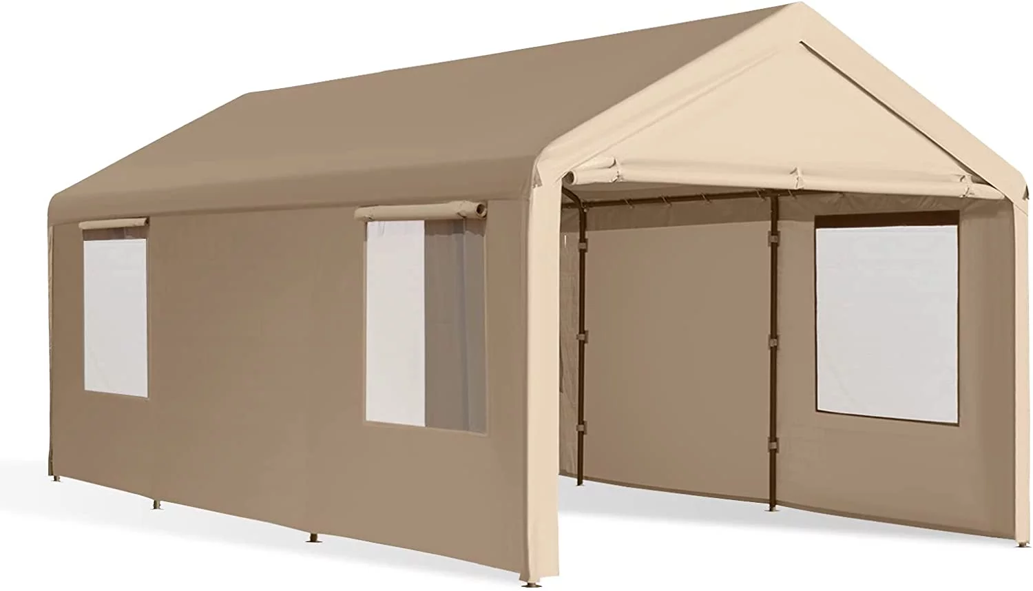 AUCHI Carport, 10'x20' Heavy Duty Carport with Roll-up Ventilated Windows, Portable Garage with Removable Sidewalls & Doors for Car, Truck, Boat, Car Canopy with All-Season Tarp, Beige