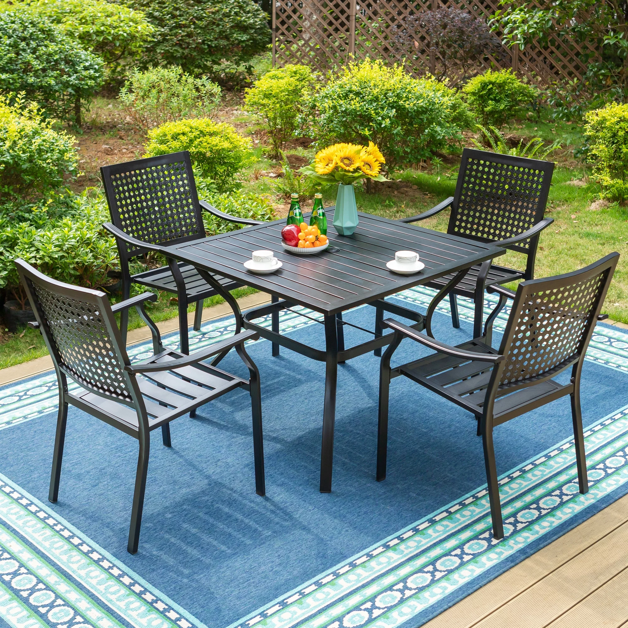 MF Studio 5-Piece Outdoor Patio Dining Set with 4 PCS Steel Stackable Chairs&1 PC Square Table for Dinner&Party, Black