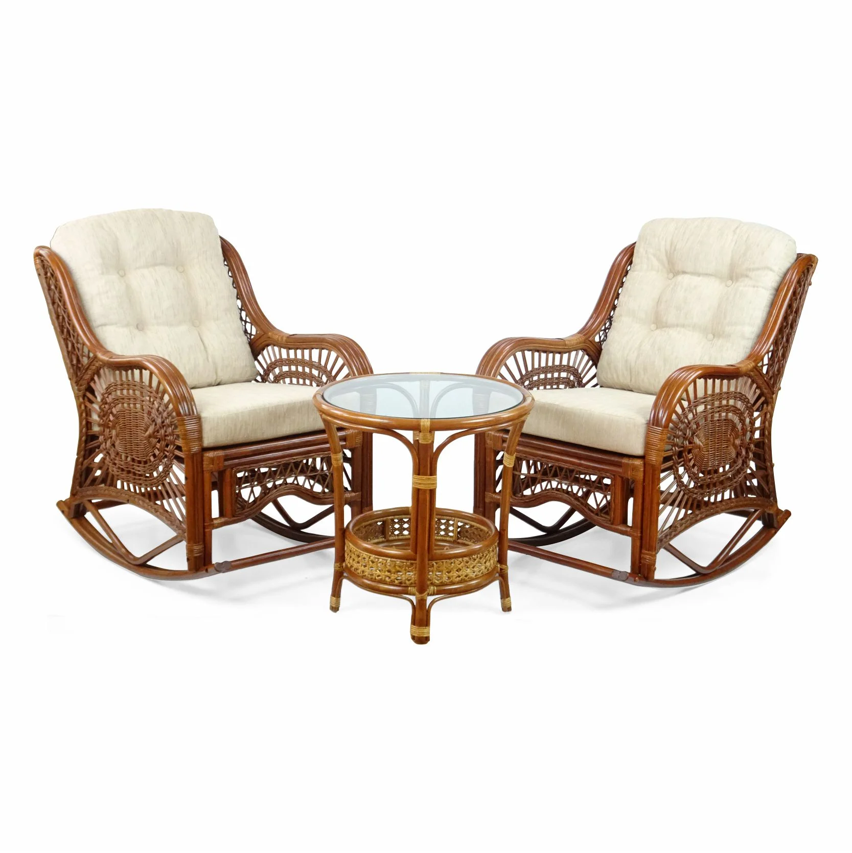 Wickerix Malibu Handmade Natural Rattan Living Room Set of 2 Rocking Lounge Chairs and Coffee Table, Colonial Color