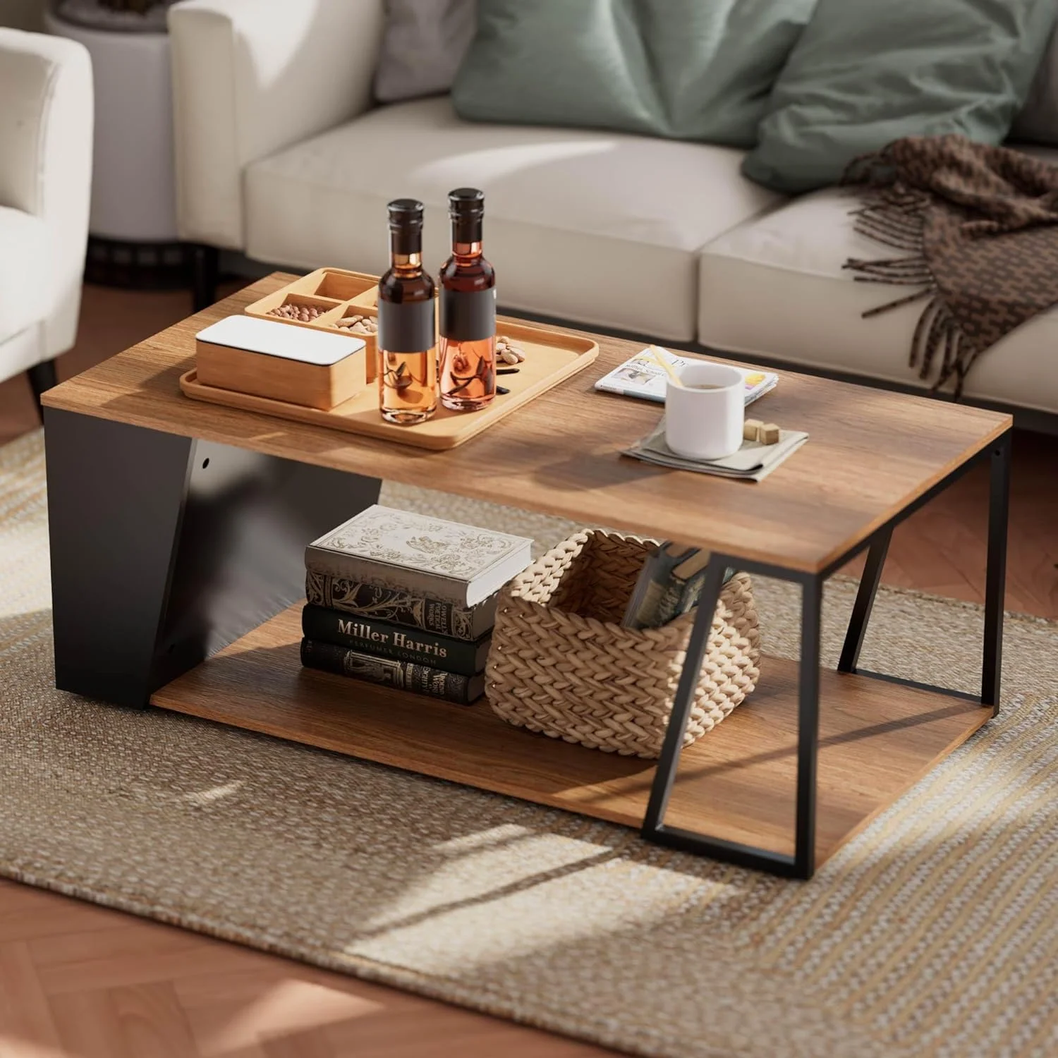 CHTYVC 2-Tier Coffee Table  Rustic Wood Center Table with Oblique Insert   Rectangular Coffee Table with Metal Frame & Open  Design  Living Room/Home/Office  Walnut