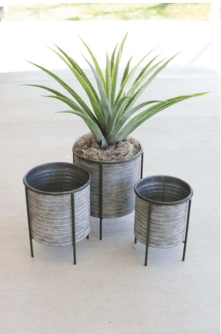 Set Of Three Galvanized Metal Planters With Iron Bases Grey
