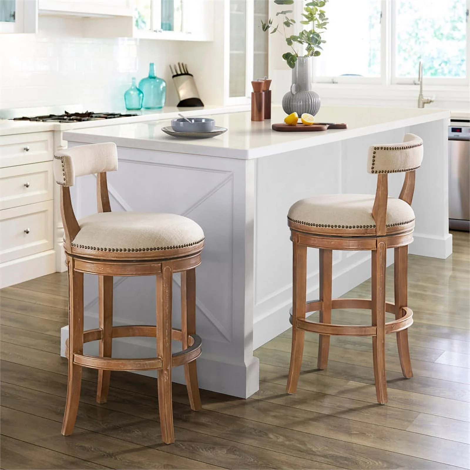 Hanover Swivel Bar Height Bar Stool - Weathered Brown and Beige - Set of 2