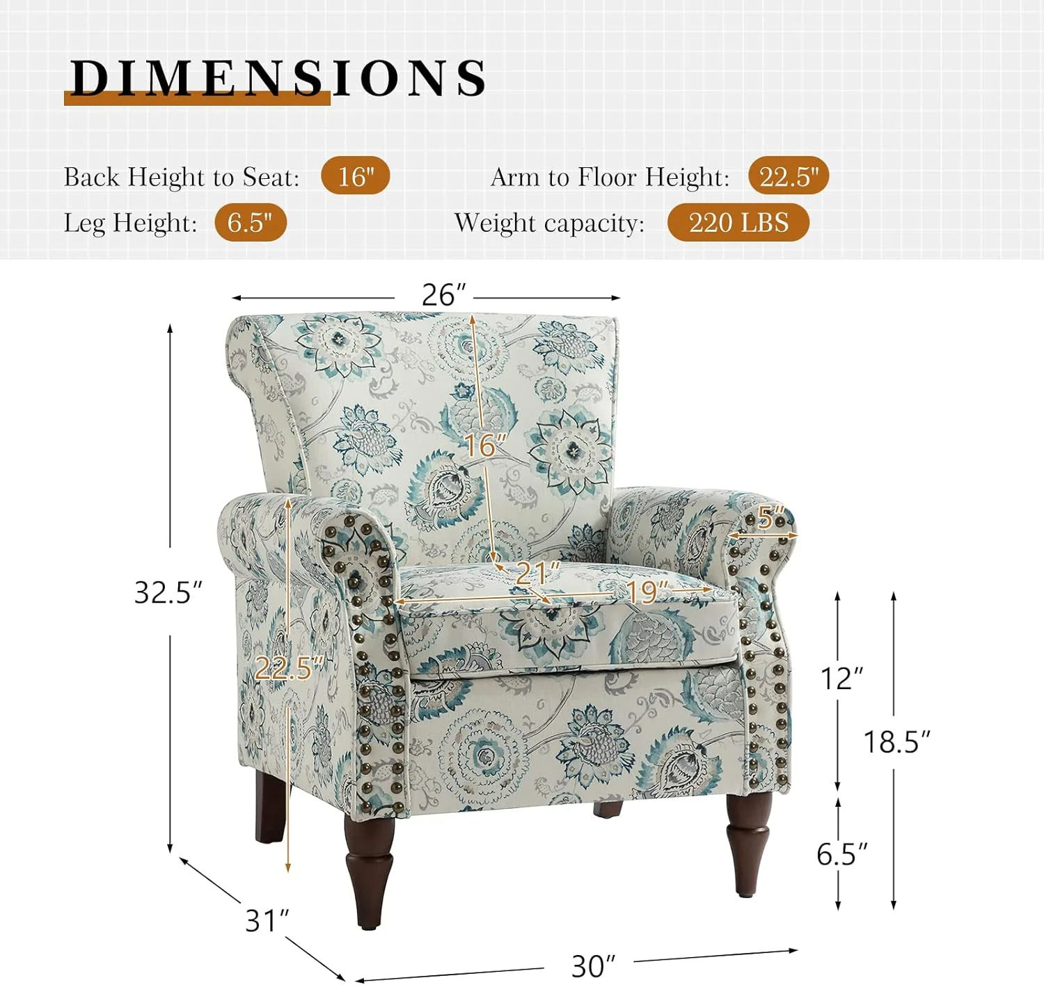 Modern Wingback Accent Chairs Set Of 2 With Wood Legs & Removable Cushion, Comfy Upholstered Armchairs With Nailhead Trim, Floral Pattern Sofa Chairs For Living Room Bedroom, Medallion