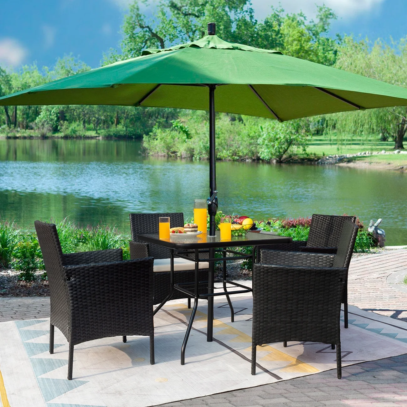 Vineego 5 Piece Patio Conversation Set Wicker Chairs Set with Tempered Glass Table, Beige