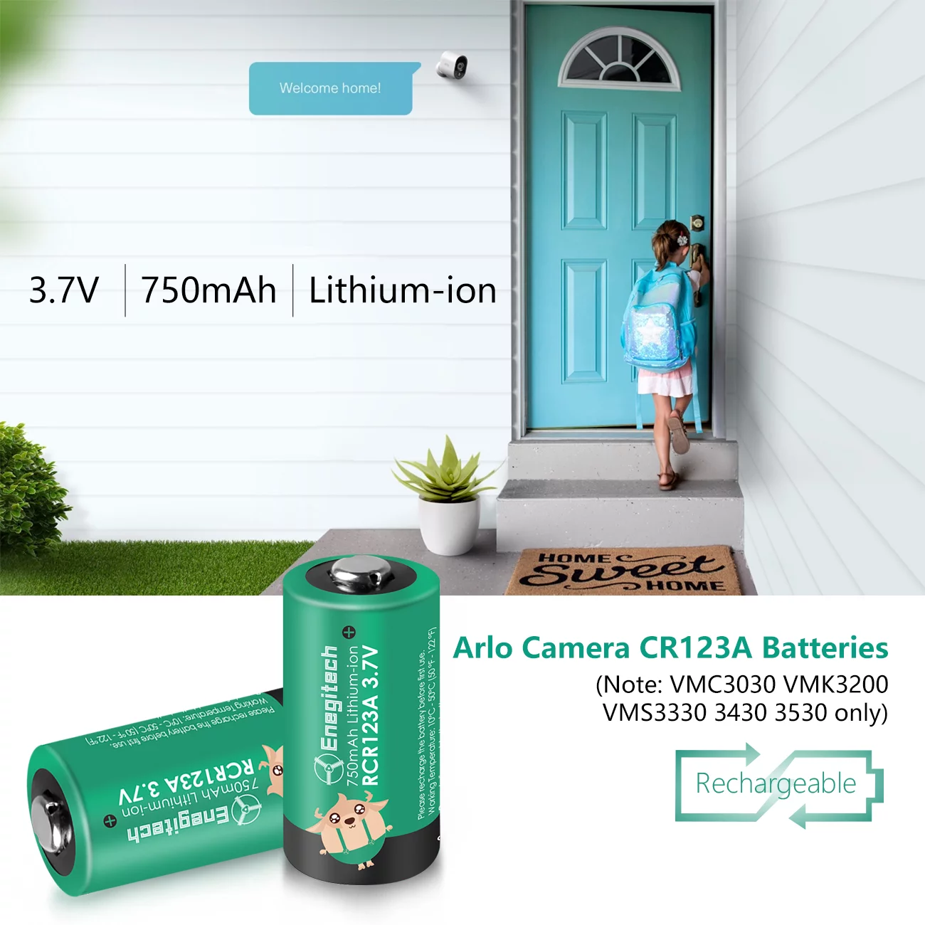 Enegitech Rechargeable CR123A Lithium Battery RCR123A 3.7V 750mAh Compatible with Arlo Security Camera VMC3030 VMK3200 VMS3130 3230C 3430 3530 8Pack