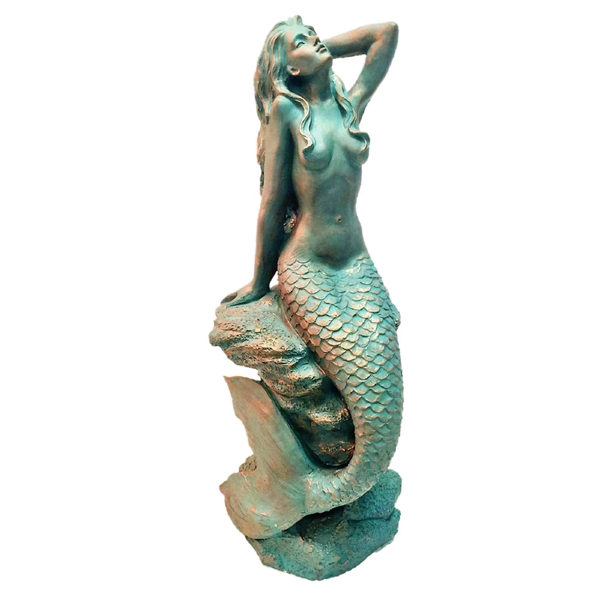 Homestyles 20 in. Bronze Patina Sexy Mermaid Sitting on Coastal Rock Beach Nautical Extra Large Statue