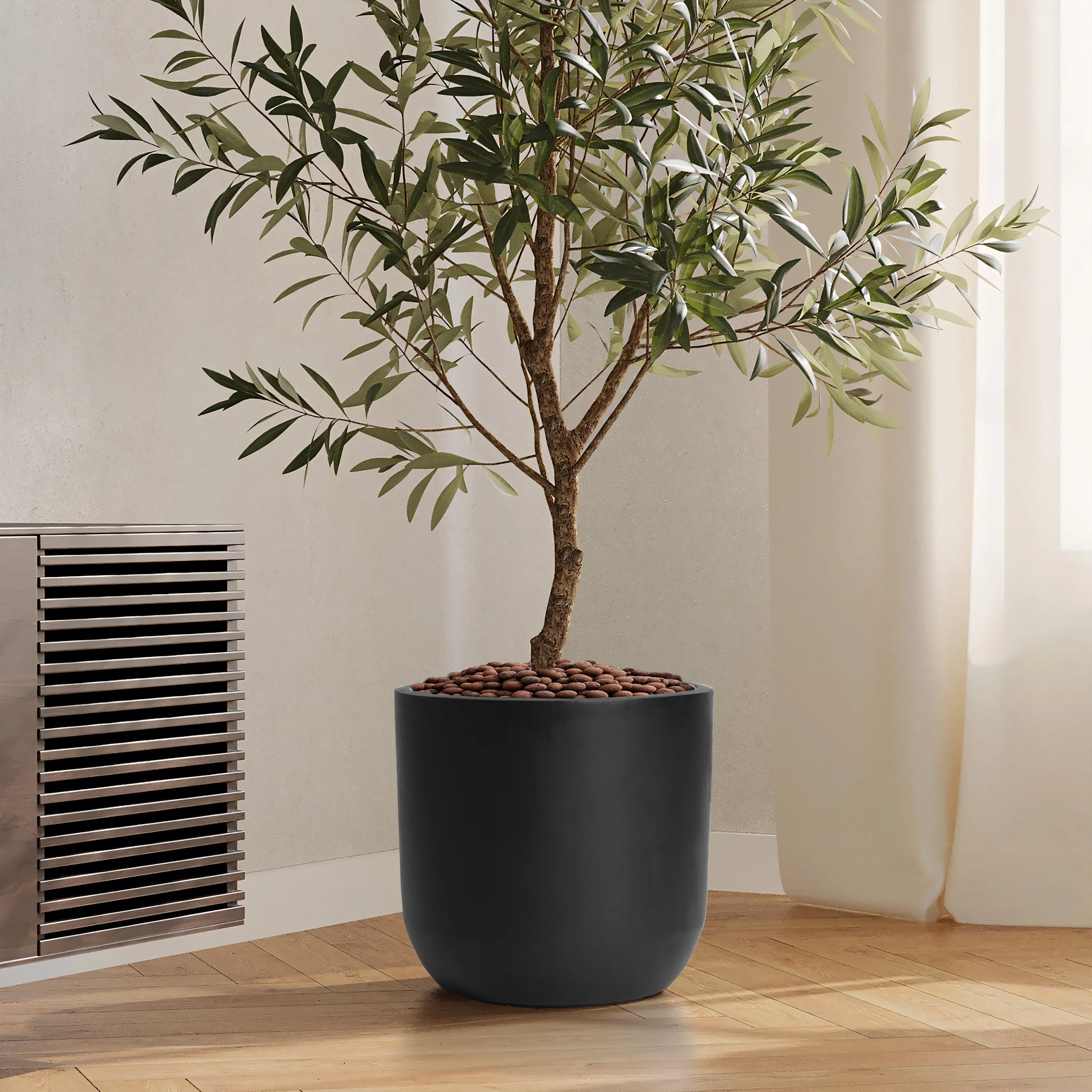 LuxenHome 17.1-Inch Round Smooth Finish Black  MgO Planter