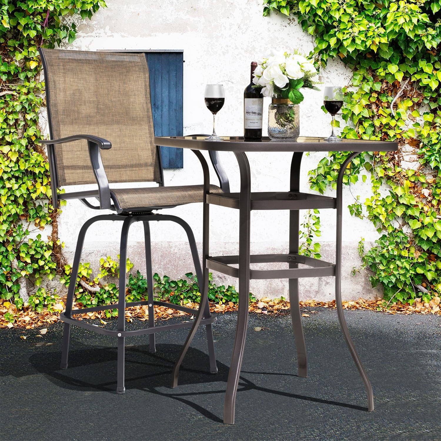 3 Piece Patio Bar Set, Textilene Bar Stools Set, All Weather Outdoor Swivel Bar Stools Chair Set Of 2, High Stools Set With Tempered Glass Table For Lawn, Patio, Brown