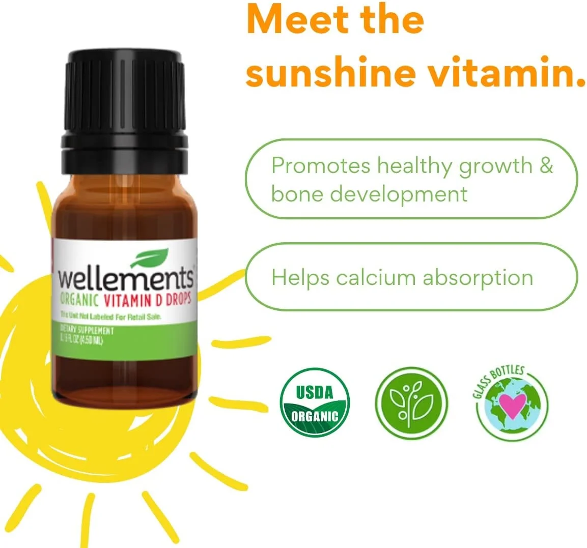 Wellements Certified Organic Baby Vitamin D Drops | Liquid Vitamin D3 Supplement for Infants & Toddlers, 1 Drop a Day, Promotes Healthy Growth, Bone Development | 0.15 Fl Oz