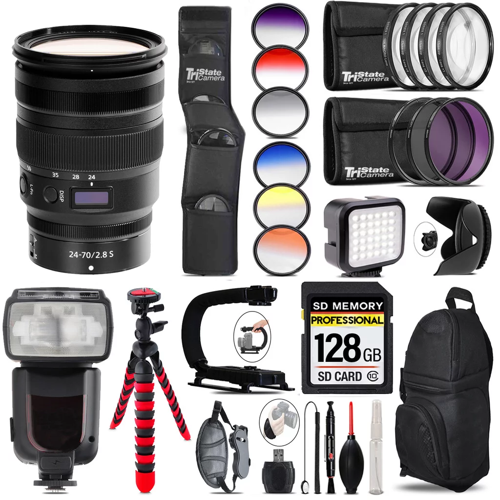 Nikon NIKKOR Z 24-70mm f/2.8 S Lens+ Pro Flash + LED Light - 128GB Accessory Bundle