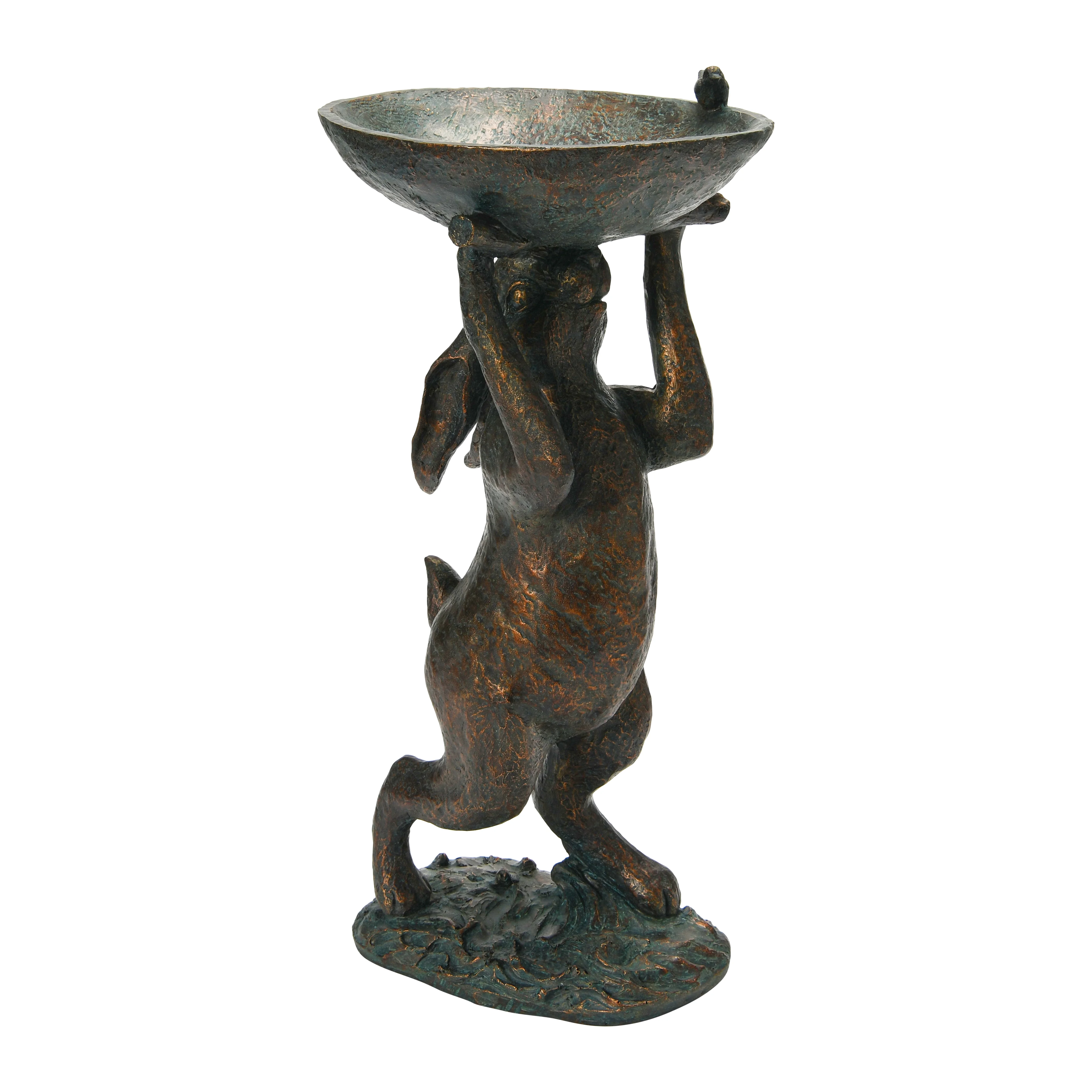 Creative Co-Op Decorative Resin Rabbit Bird Bath, Green Patina Finish