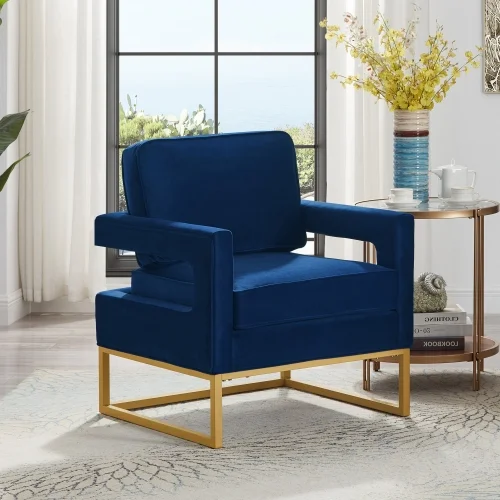 JHOOTUUO Modern Style Accent Chair with Gold Metal Base   Velvet Upholstered Leisure Chair with Open Armrest  Armchair  Navy