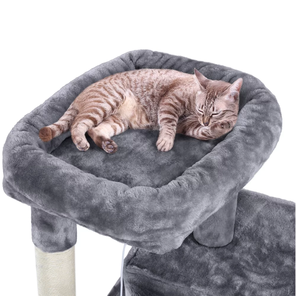 Easyfashion Multilevel Plush Cat Tree with Double Condos and Furry Ball,Dark Gray