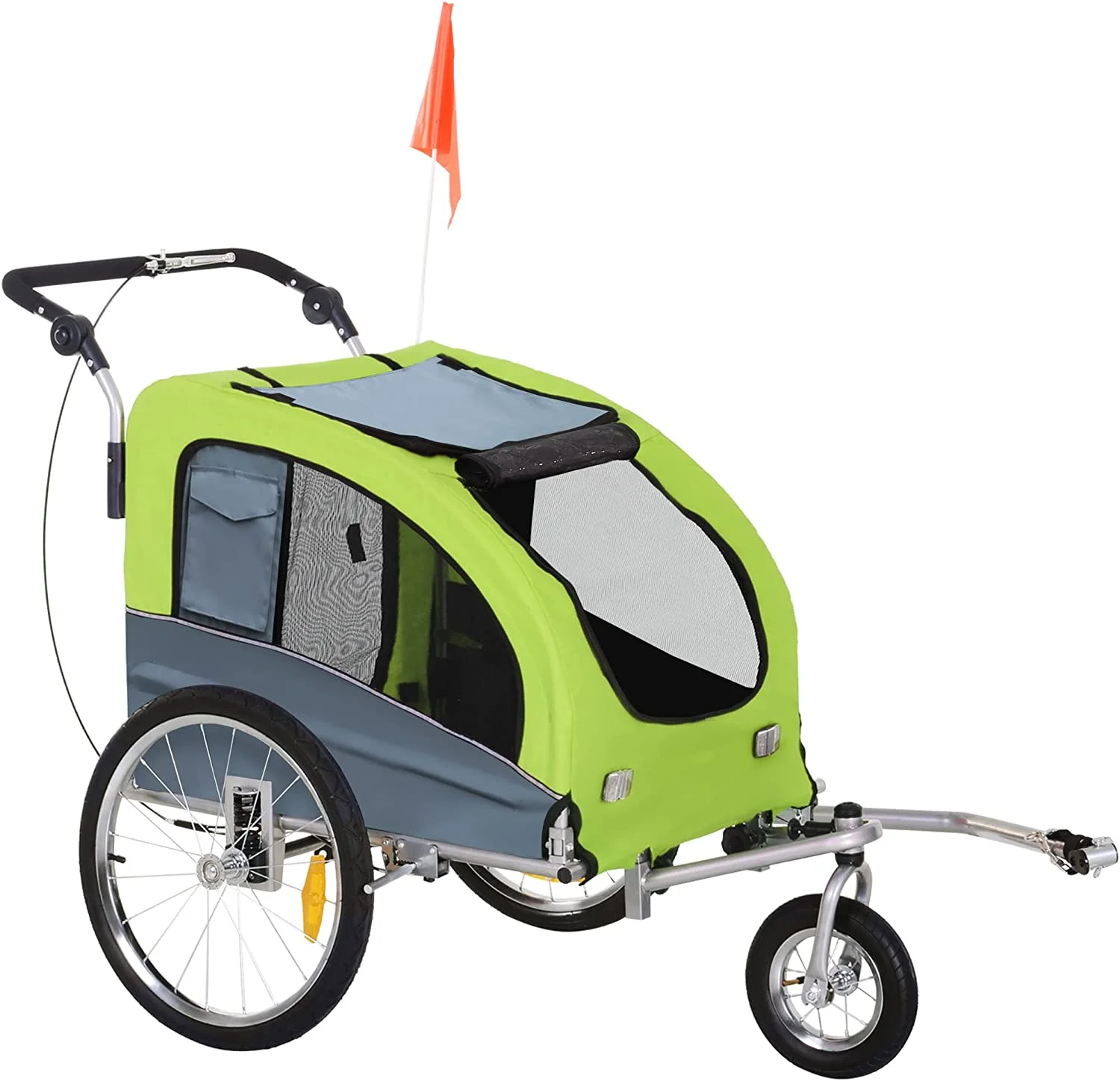 Dog Bike Trailer 2-In-1 Pet Stroller With Canopy And Storage Pockets, Green