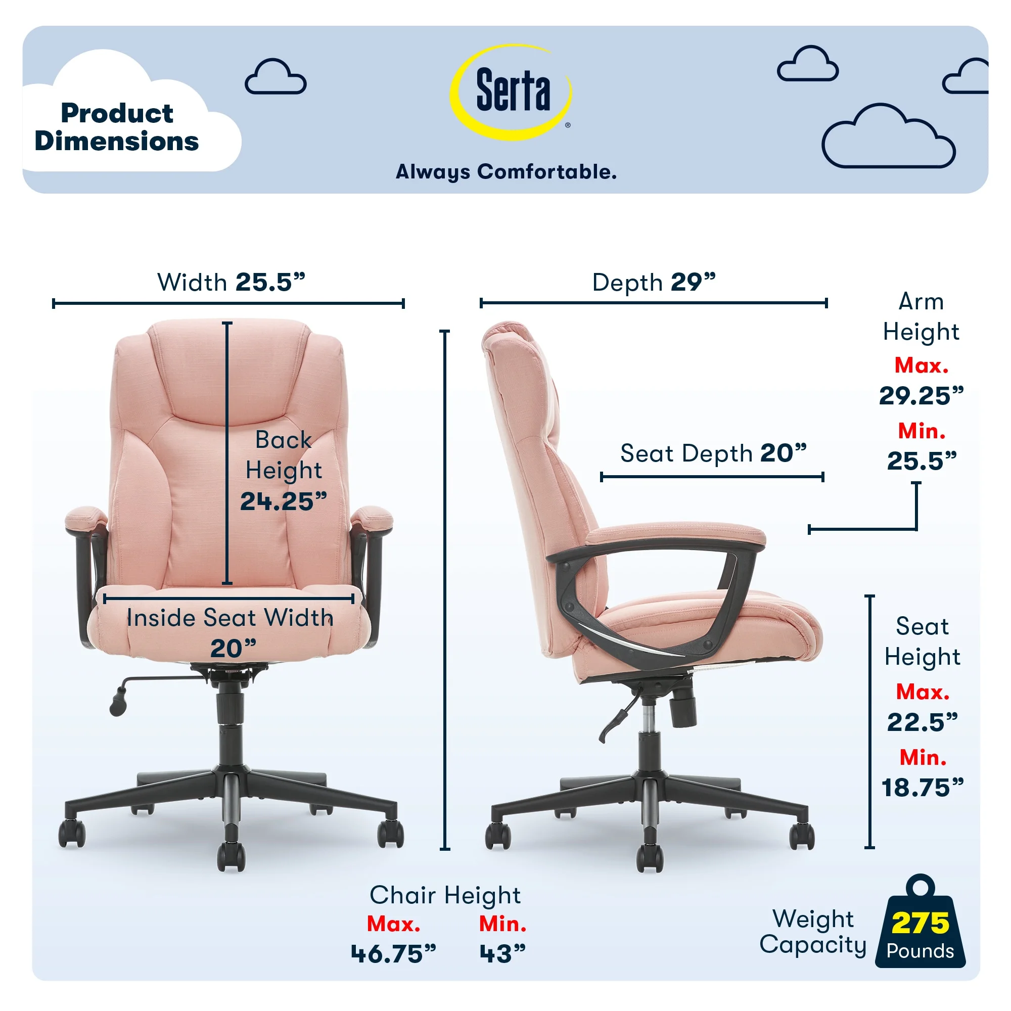 Serta® Style Hannah II High-Back Office Chair, Microfiber, Harvard Pink/Black