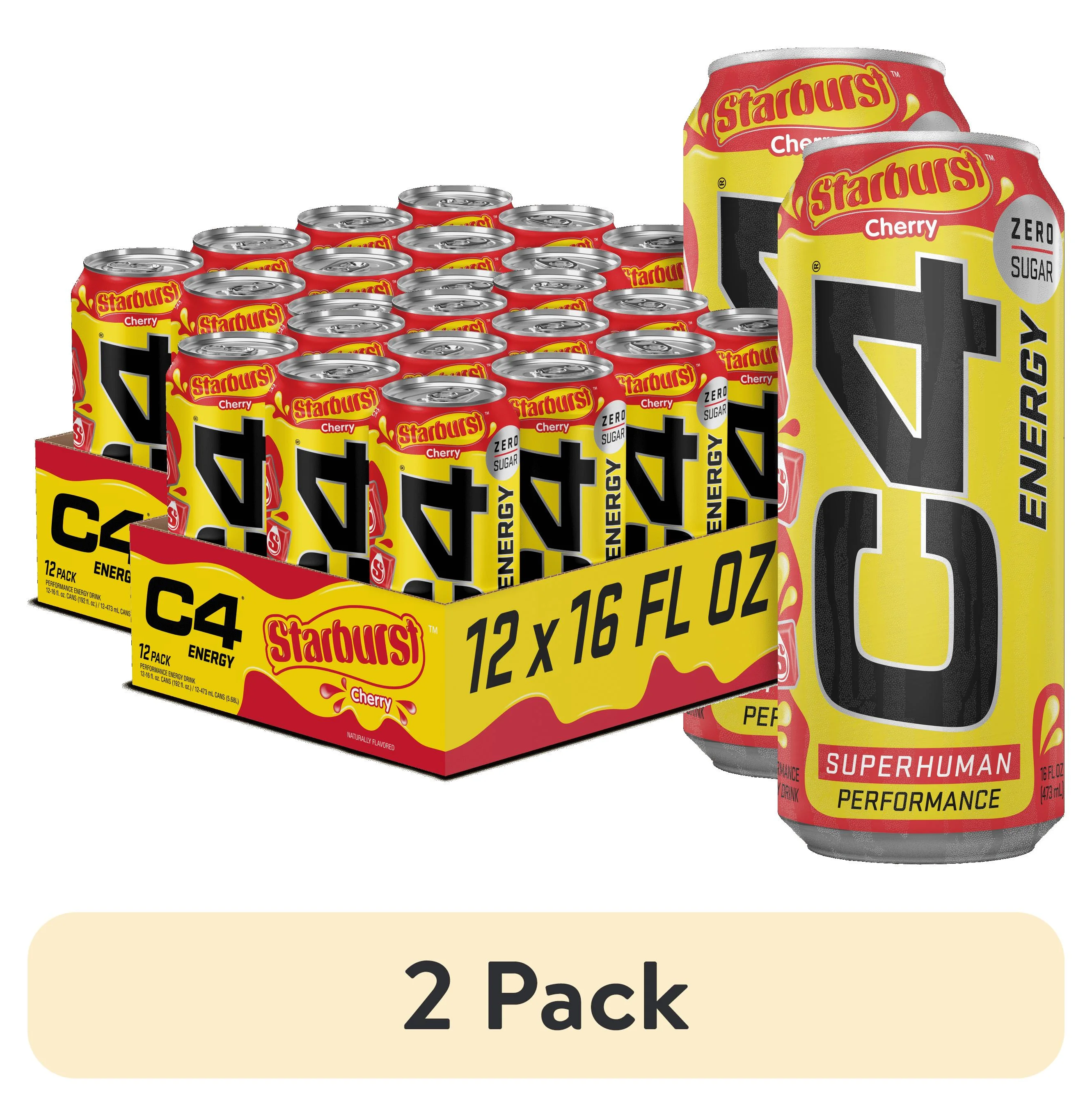 (2 pack) C4 Energy Drink, Starburst Cherry, Sugar Free, Carbonated Pre Workout Drink, 16 oz, 12 pack